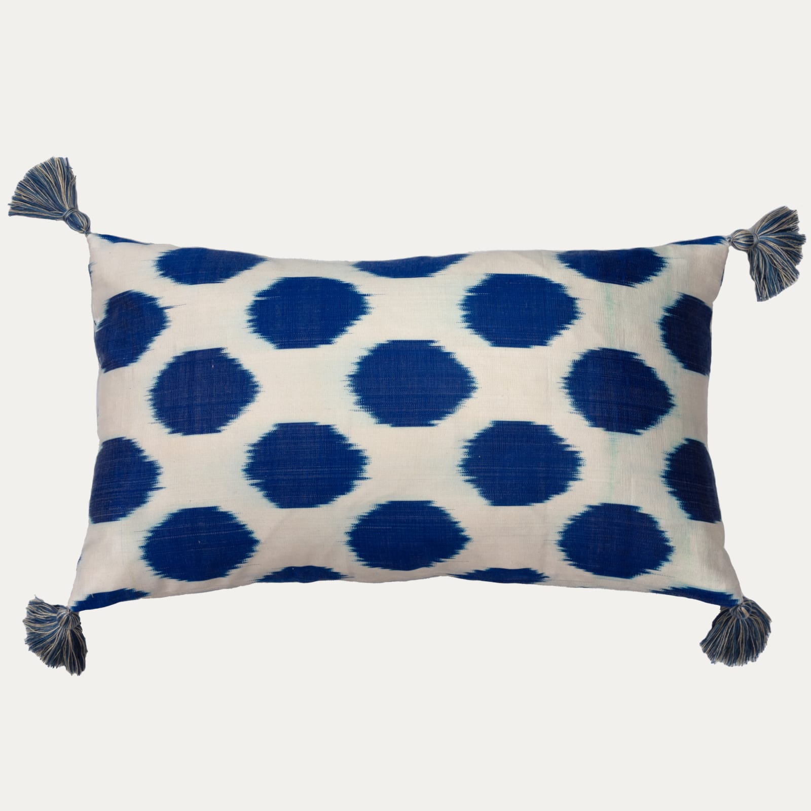 Floren 35x60cm 14x24in Birmingham and Co Silk and Cotton Ikat Cushion with Blue and White Tassels Floren Interior Decoration
