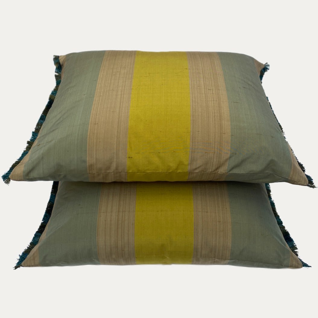 Claremont SFJ Silk Petrol/Sulphar/Viridian Cushion with George Spencer Viridian Narrow Cut Fringe