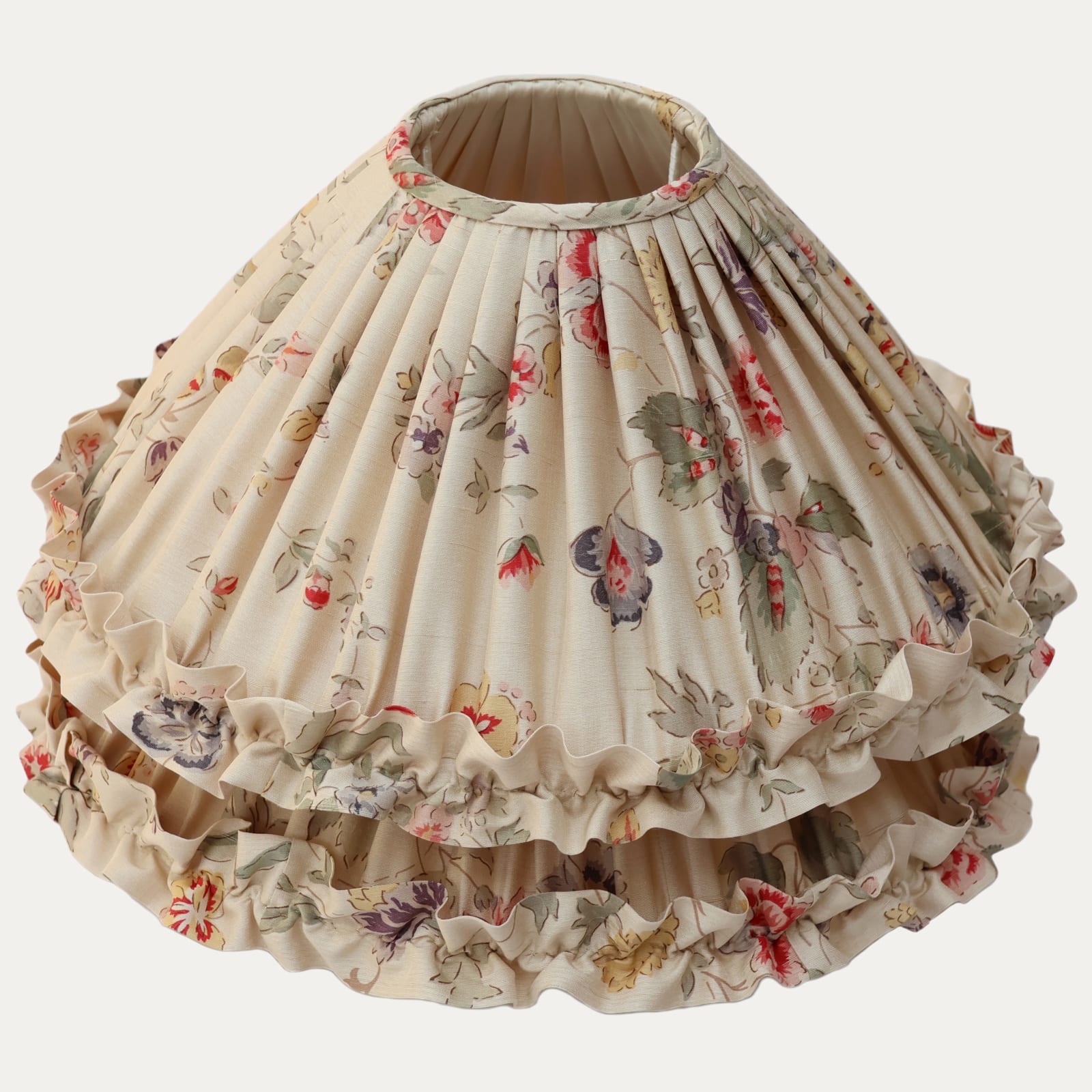 Bennison Samarkand Beige on Silk Handsewn Coolie Lampshade with Ruffle Trim