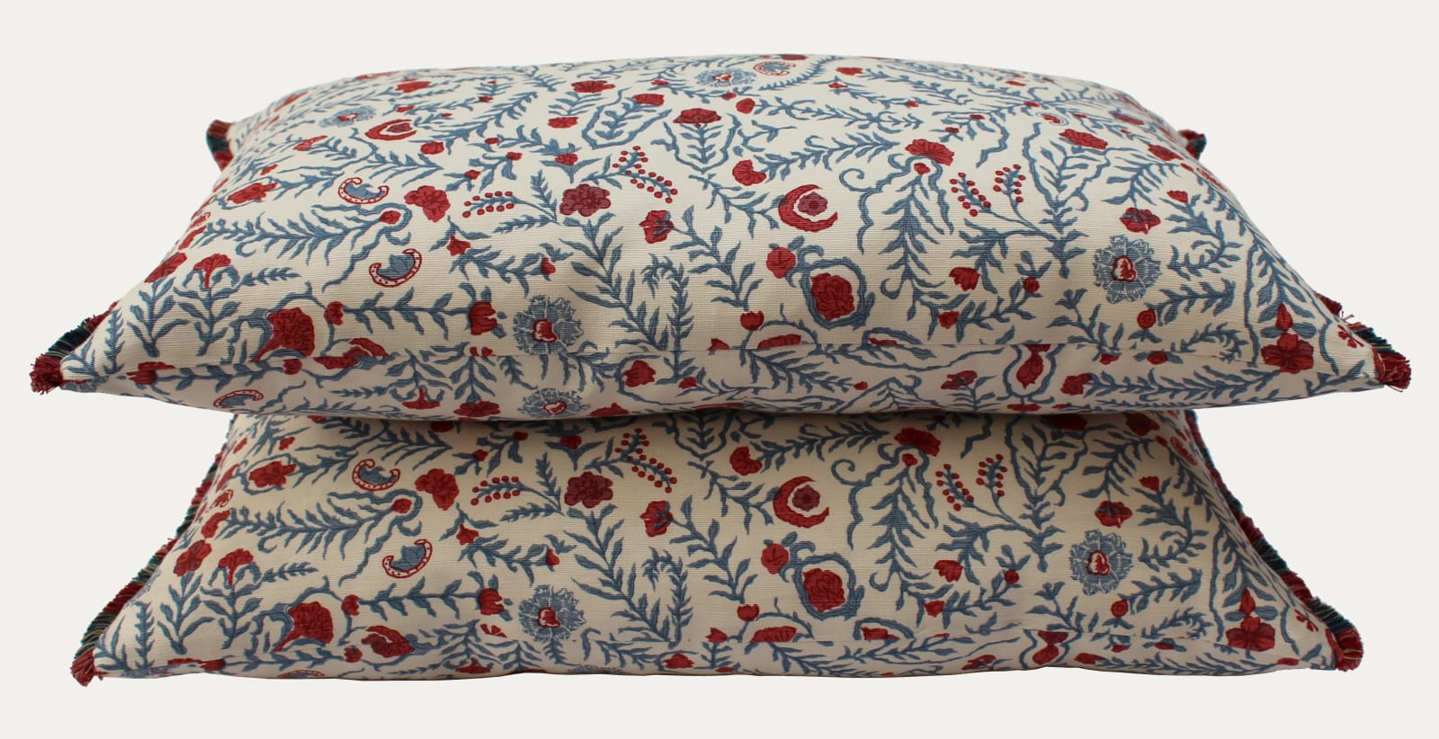 Bennison Cinnabar Faded on Oyster with Wendy Cushion Fine Cut Vintage Trim
