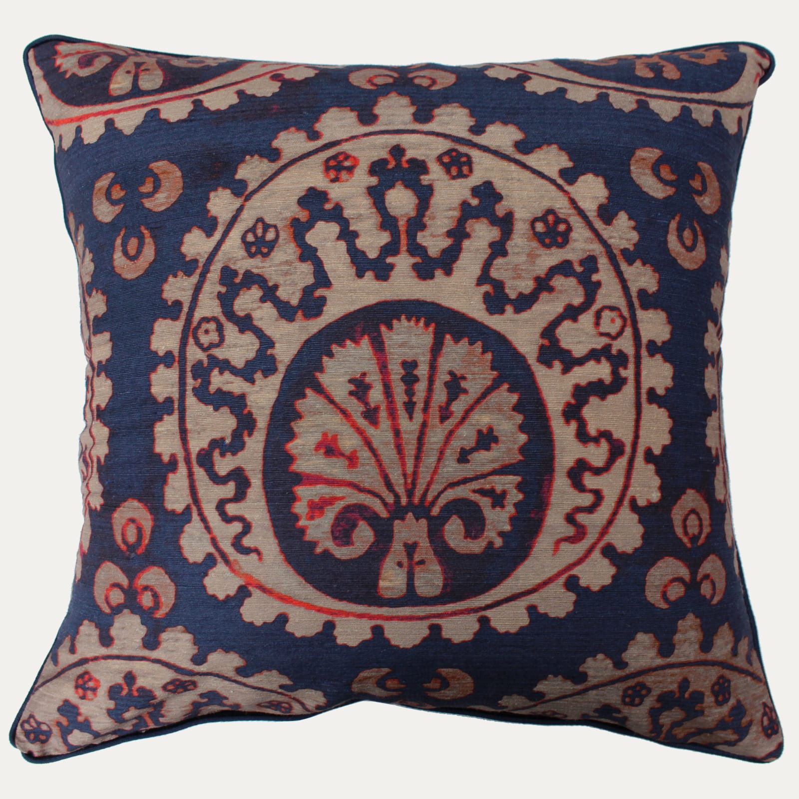 Arjumand Venice Ottoman Blu e Rosso on Cream Tussah Silk Cushion