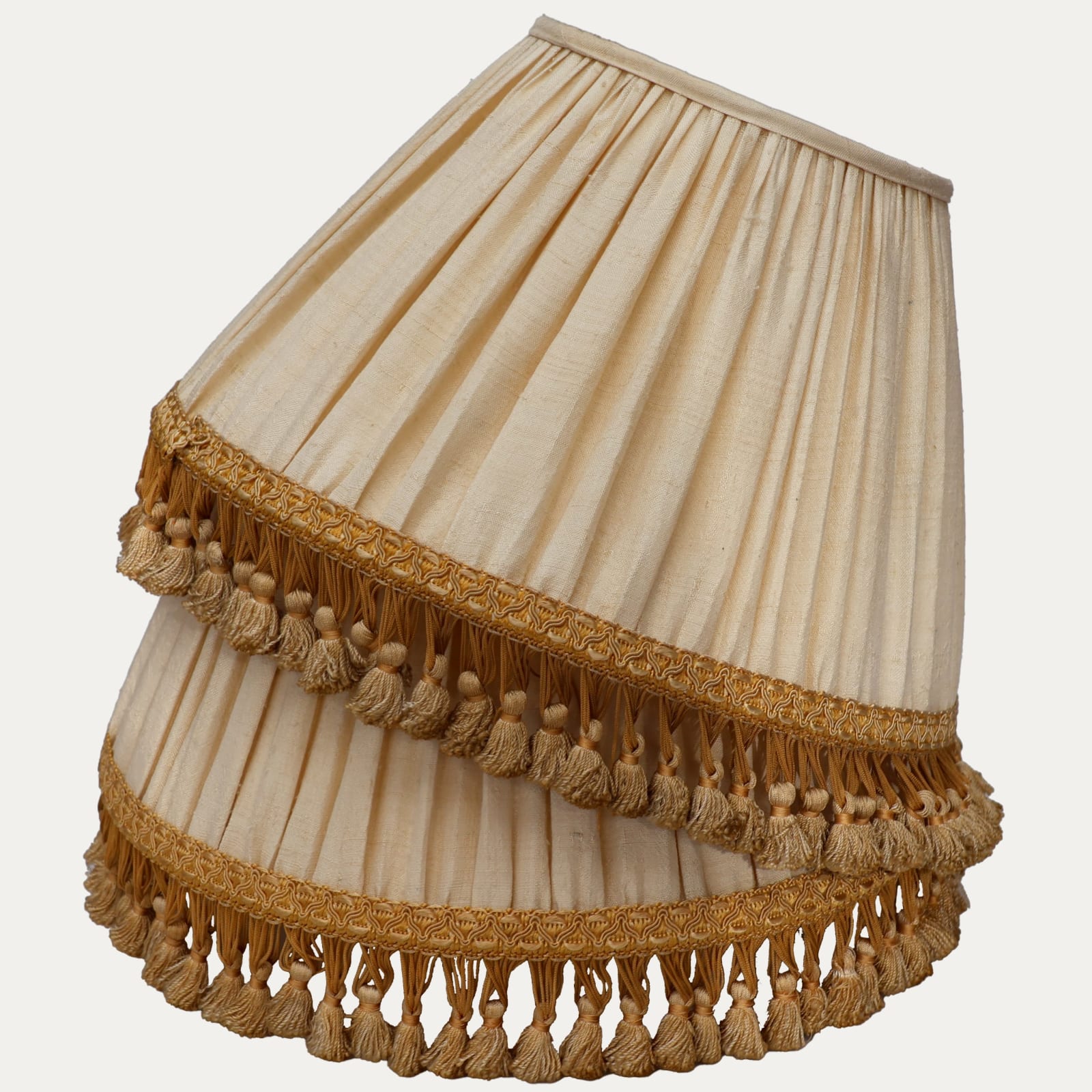 Pair of Antique Cream Silk Lampshade with Golden Antique Tassel Trim