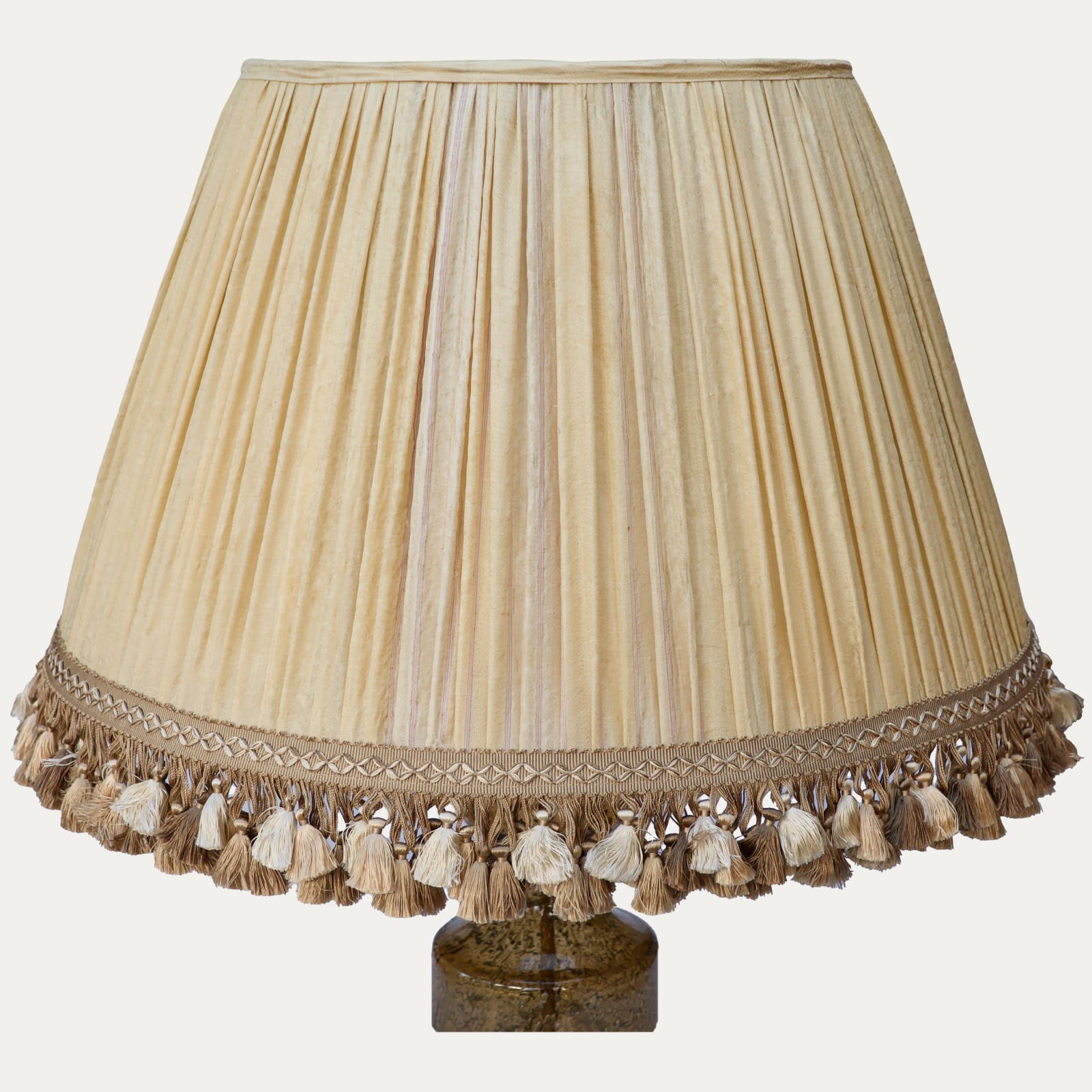 Handsewn Loosely Gathered Antique Uzbek Silk Lampshade with Samuel & Sons Orsay Silk Tassel Trim