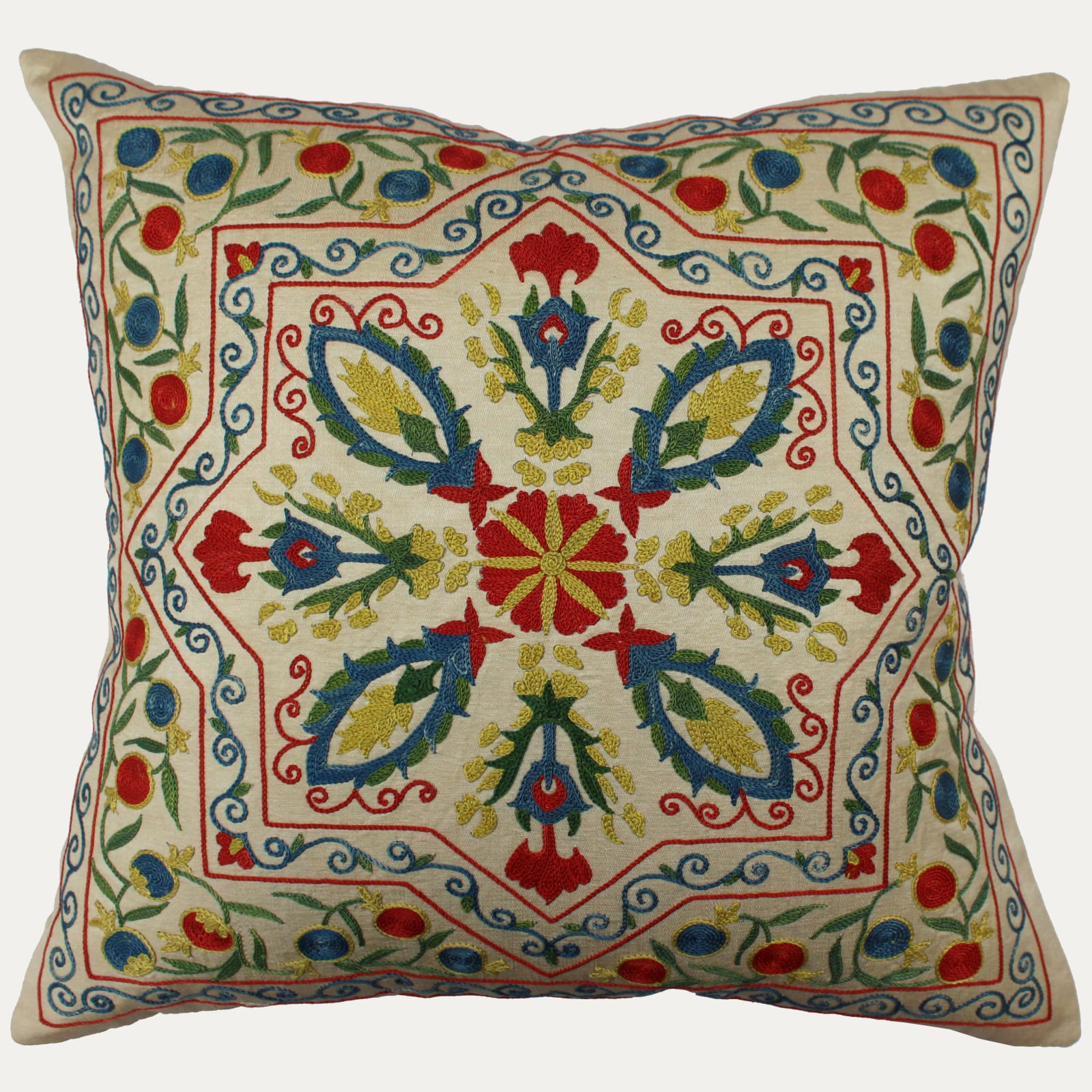 Suzani Hand Embroidered Silk Cushion with Feather & Down Pad