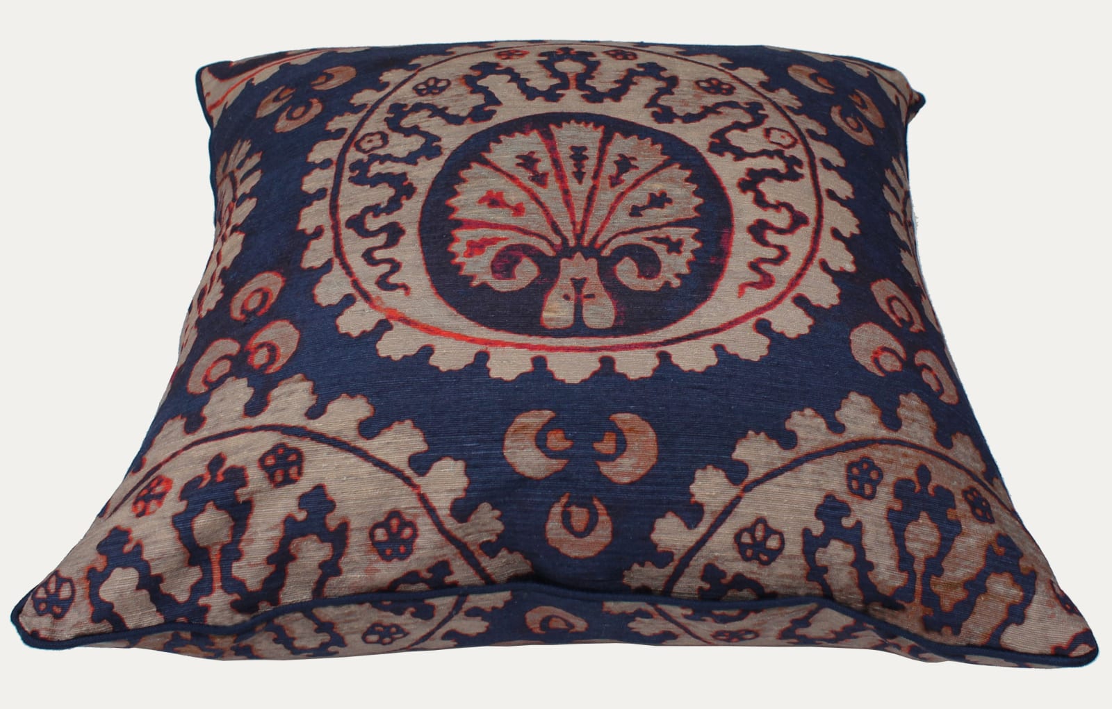 Arjumand Venice Ottoman Blu e Rosso on Cream Tussah Silk Cushion