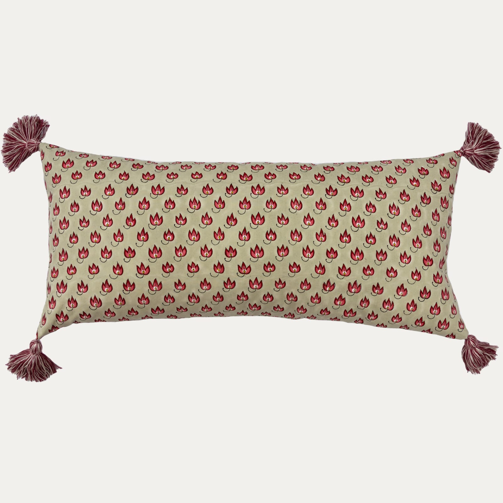 Aleta Fabrics Padma Buti on Green Oblong Cushion with Bespoke Tassels
