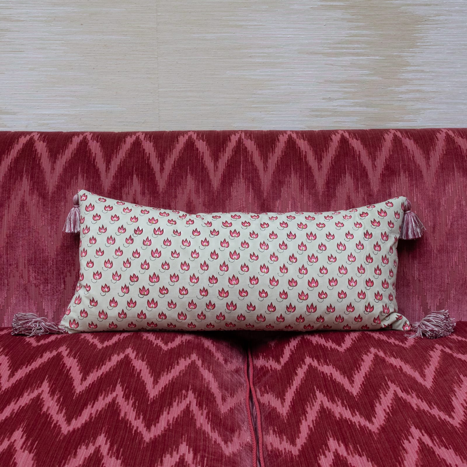 Aleta Fabrics Padma Buti on Green Oblong Cushion with Bespoke Tassels