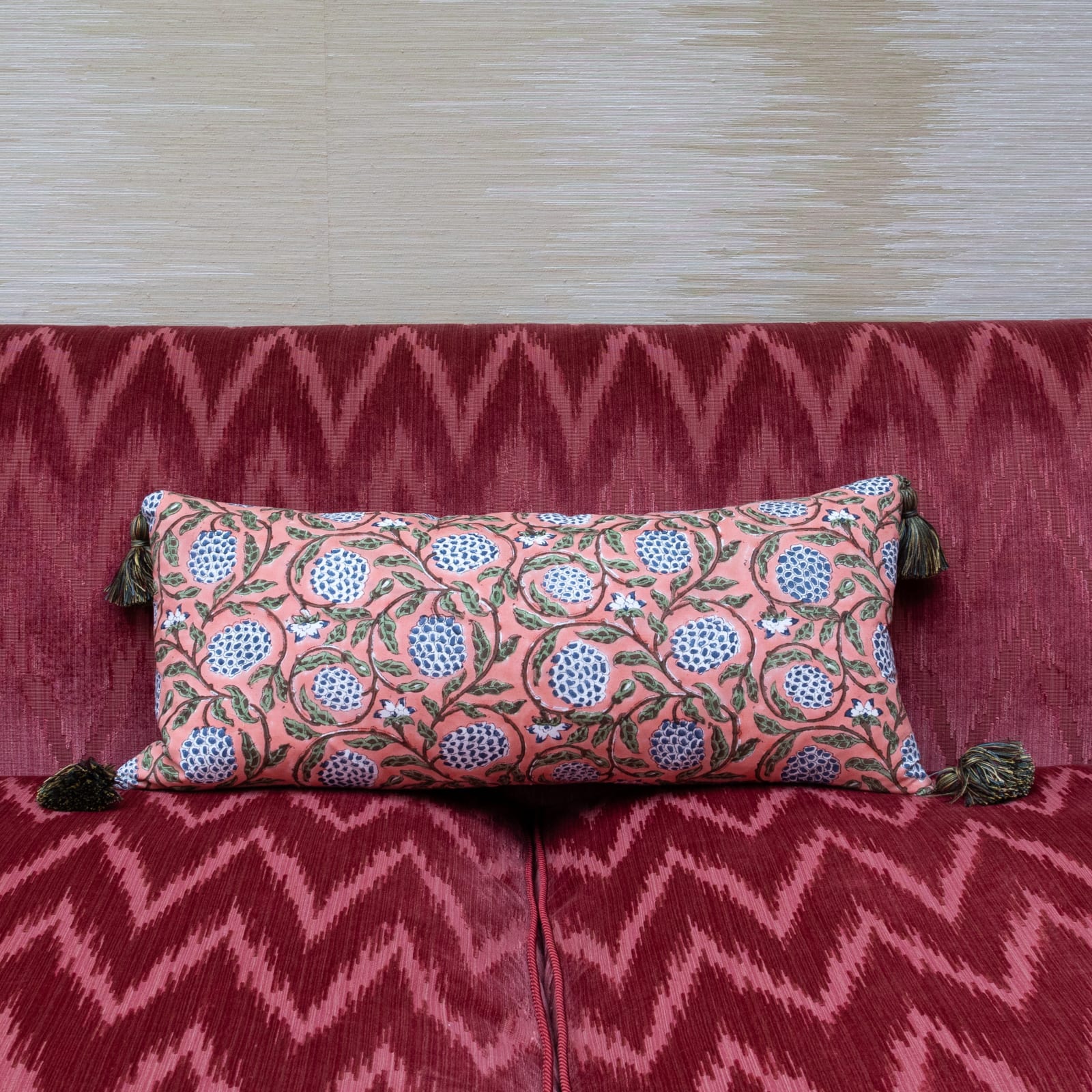 Dark Salmon Pink with Sage Green and Delft Blue Indian Floral Hand Block Cushion