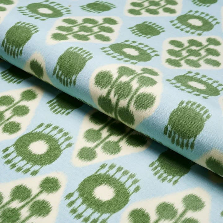 Schumacher Hamilton Ikat in Light Blue and Leaf Green Handsewn Lampshade