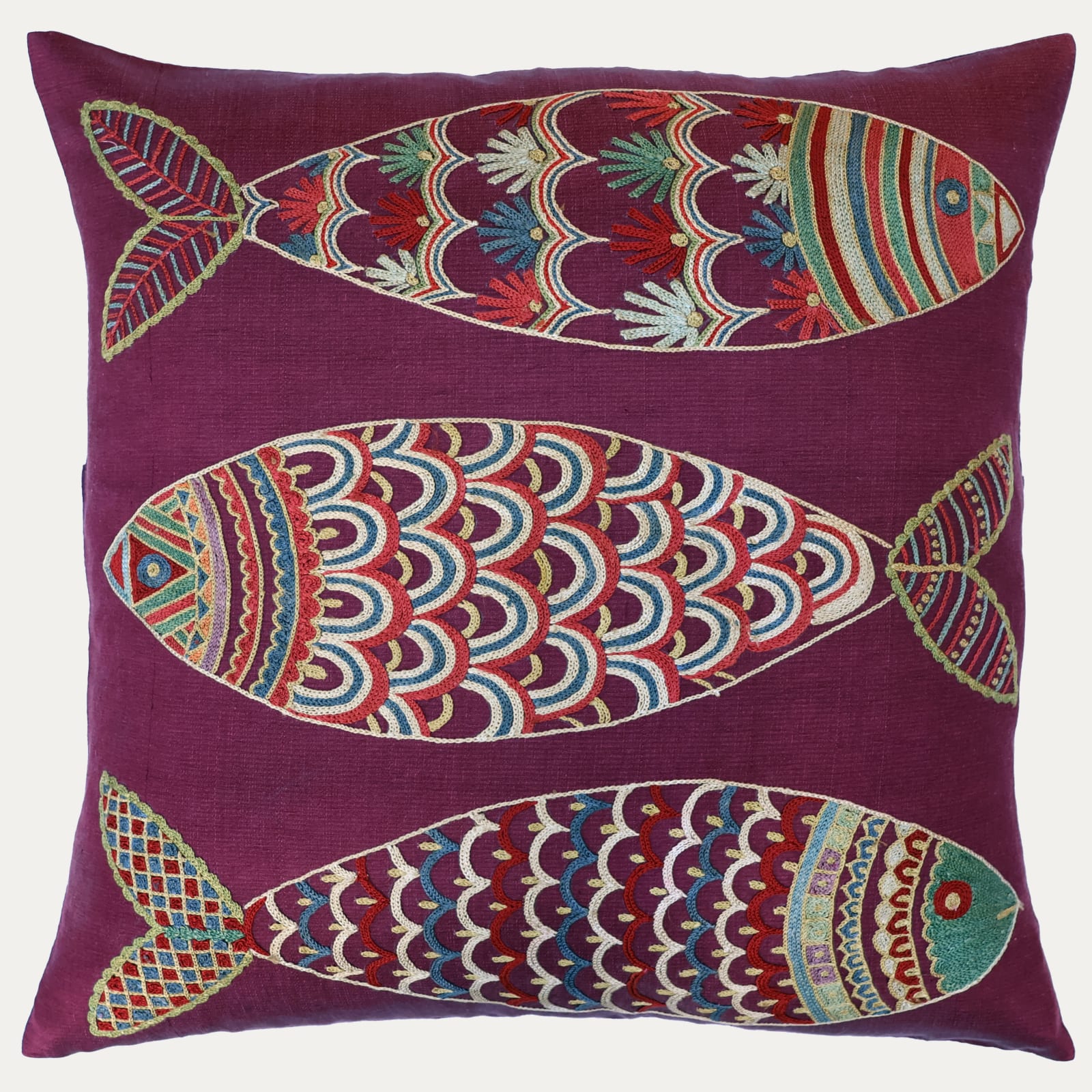Unique Suzani Cushion with Silk Hand Embroidered Fish Motifs on Purple Silk & Cotton Base Cloth