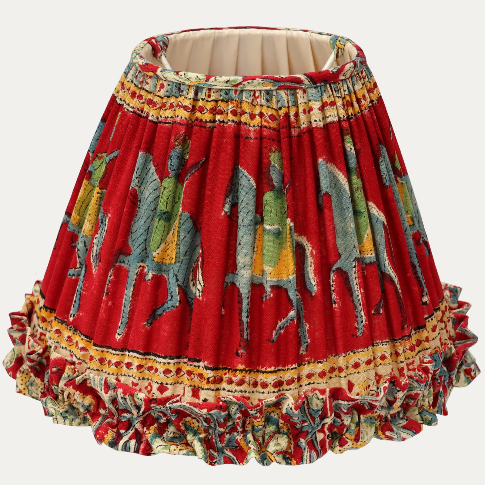 Pair of Beautiful Vintage Indian Hand Block Printed Textile Lampshades with Frill Skirt