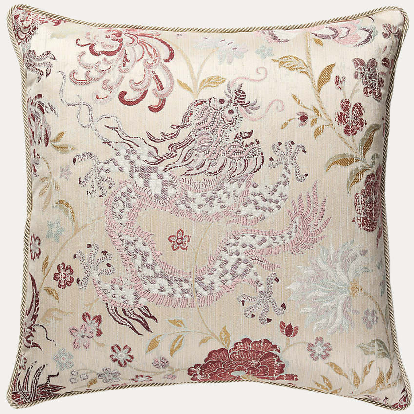 Dragon Tableau Winter Rose Cushion with Boulevard Cord Piping