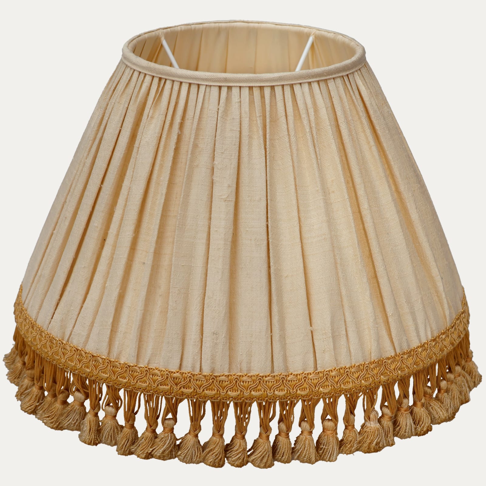 Pair of Antique Cream Silk Lampshade with Golden Antique Tassel Trim