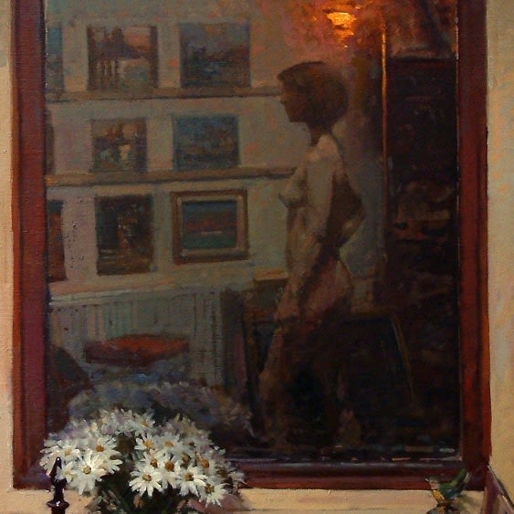Richard Price Reflected Model in The Studio Window
