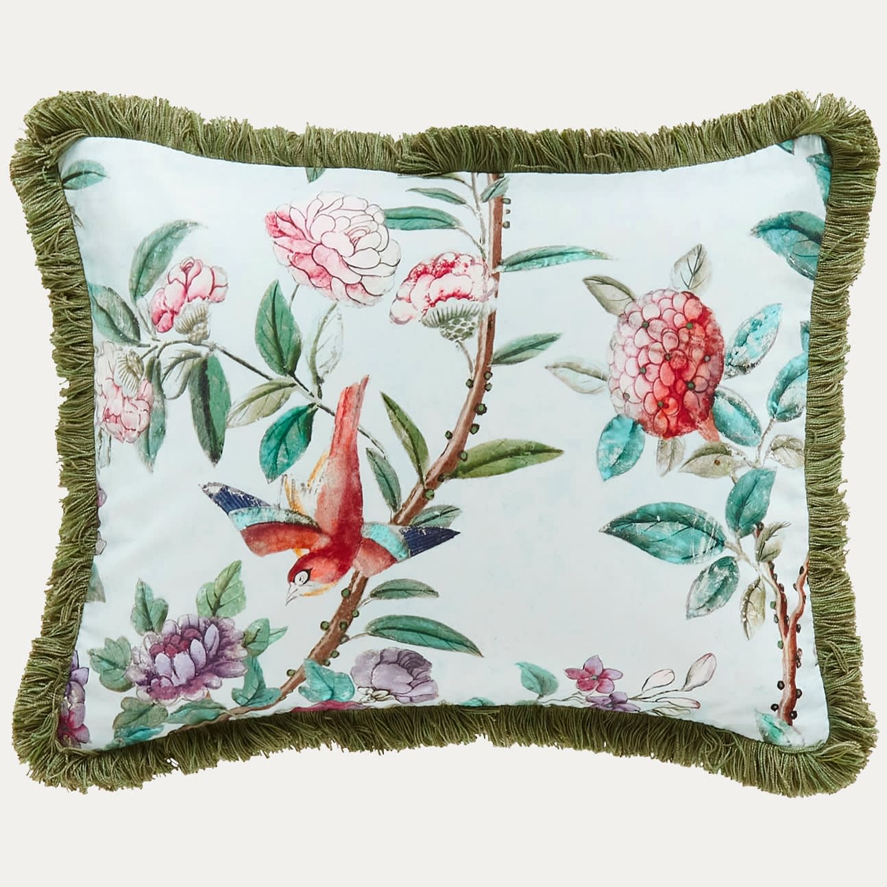 Antoinette Poisson Canton Blue Cushion with Fabric Both Sides and Brush Fringe
