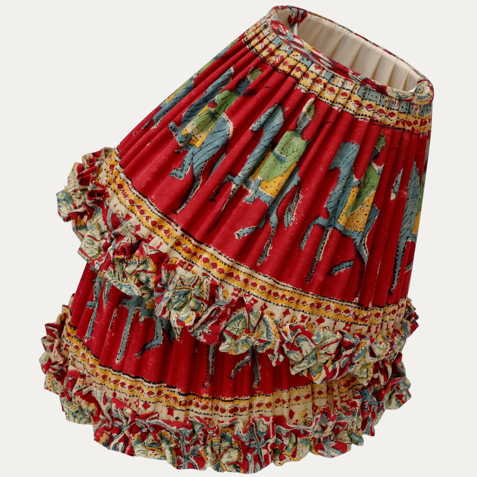 Pair of Beautiful Vintage Indian Hand Block Printed Textile Lampshades with Frill Skirt