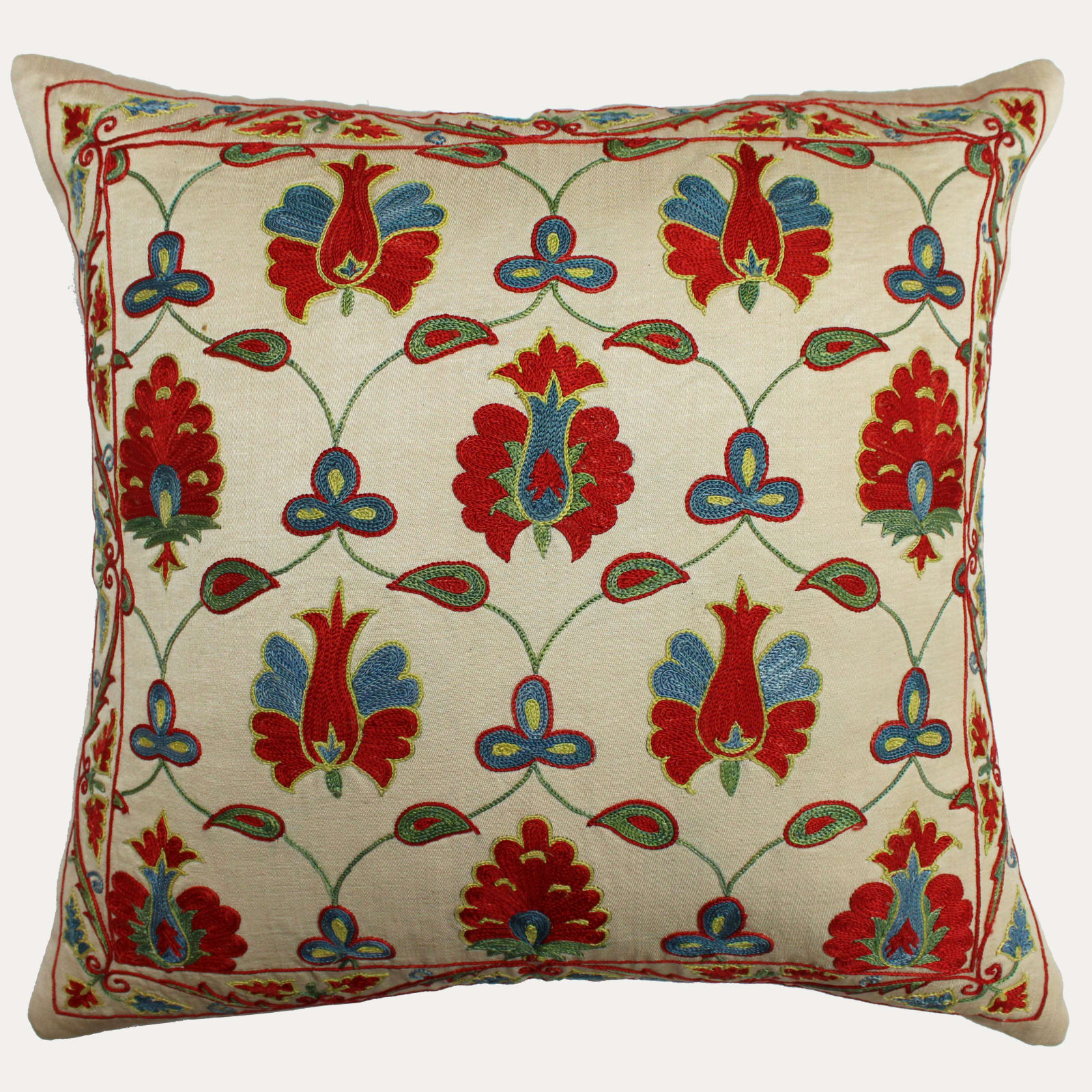 Suzani Hand Embroidered Silk Cushion with Feather & Down Pad