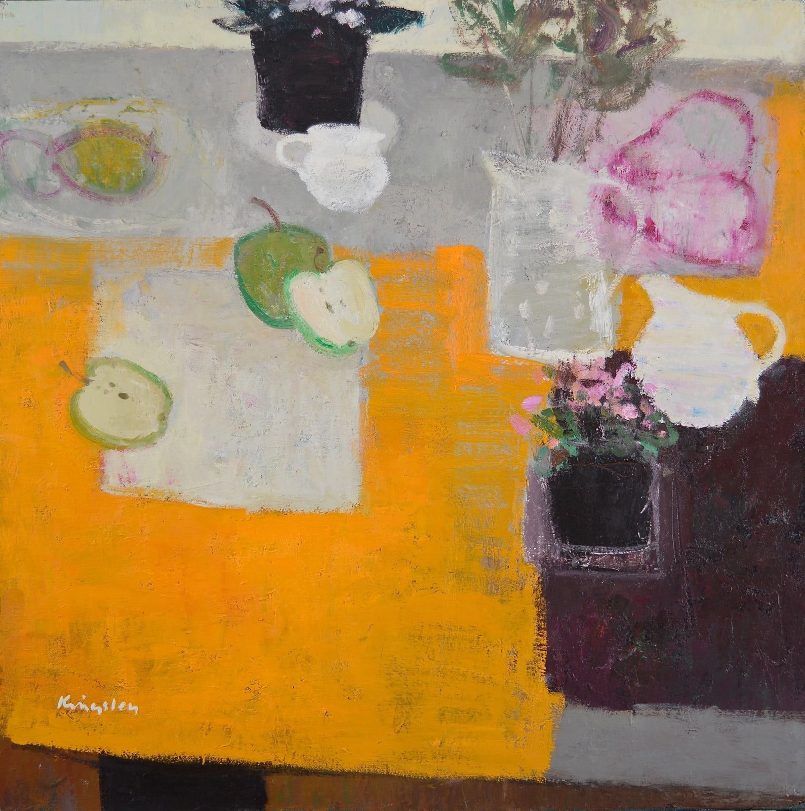 John Kingsley, RSW PAI, Still Life with Apples, Jugs and Plants