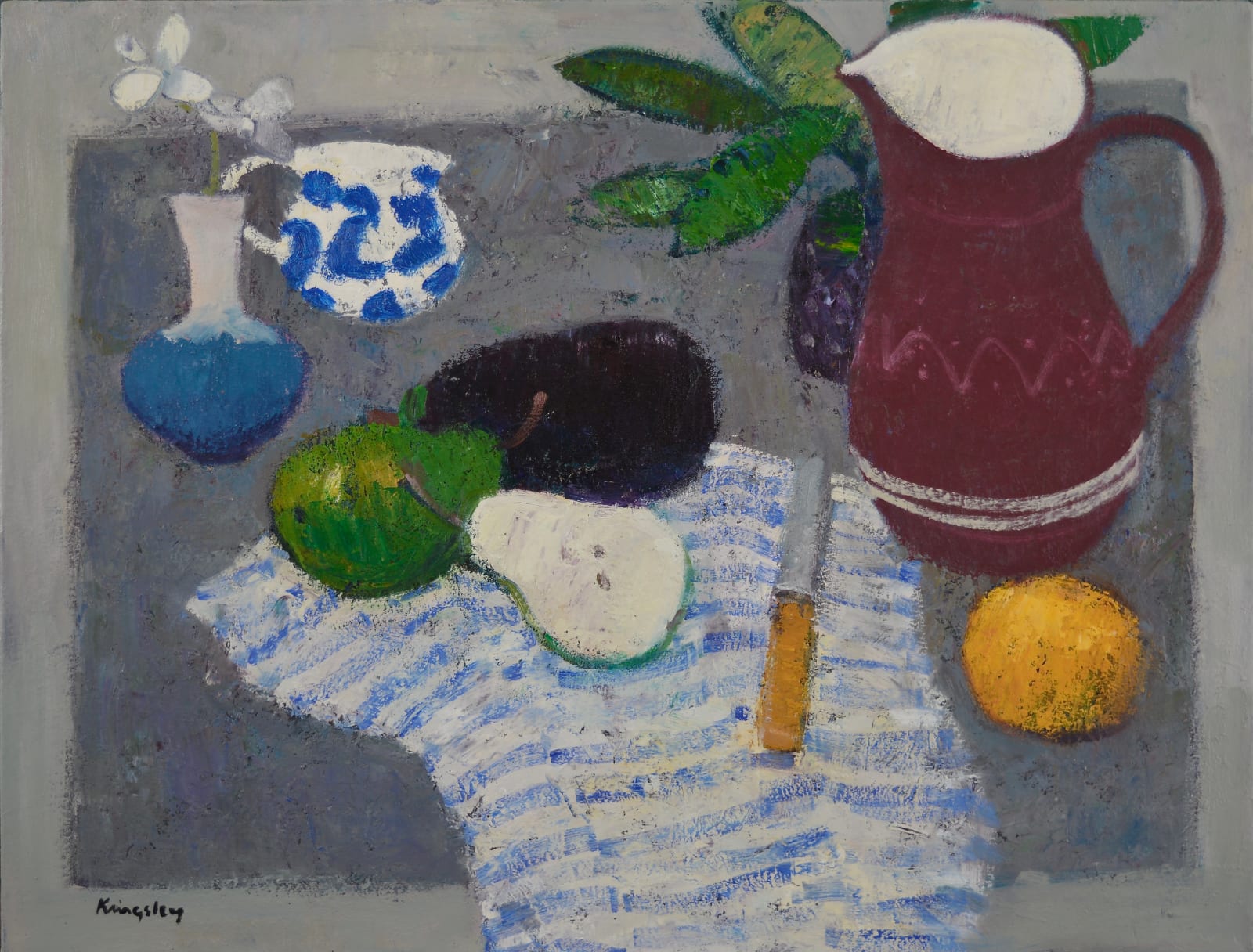 John Kingsley, RSW PAI, Still Life with Pears on a Striped Cloth
