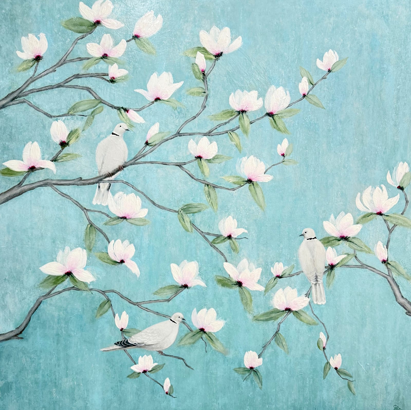 Gail Pope, White Magnolias and Three Collared Doves