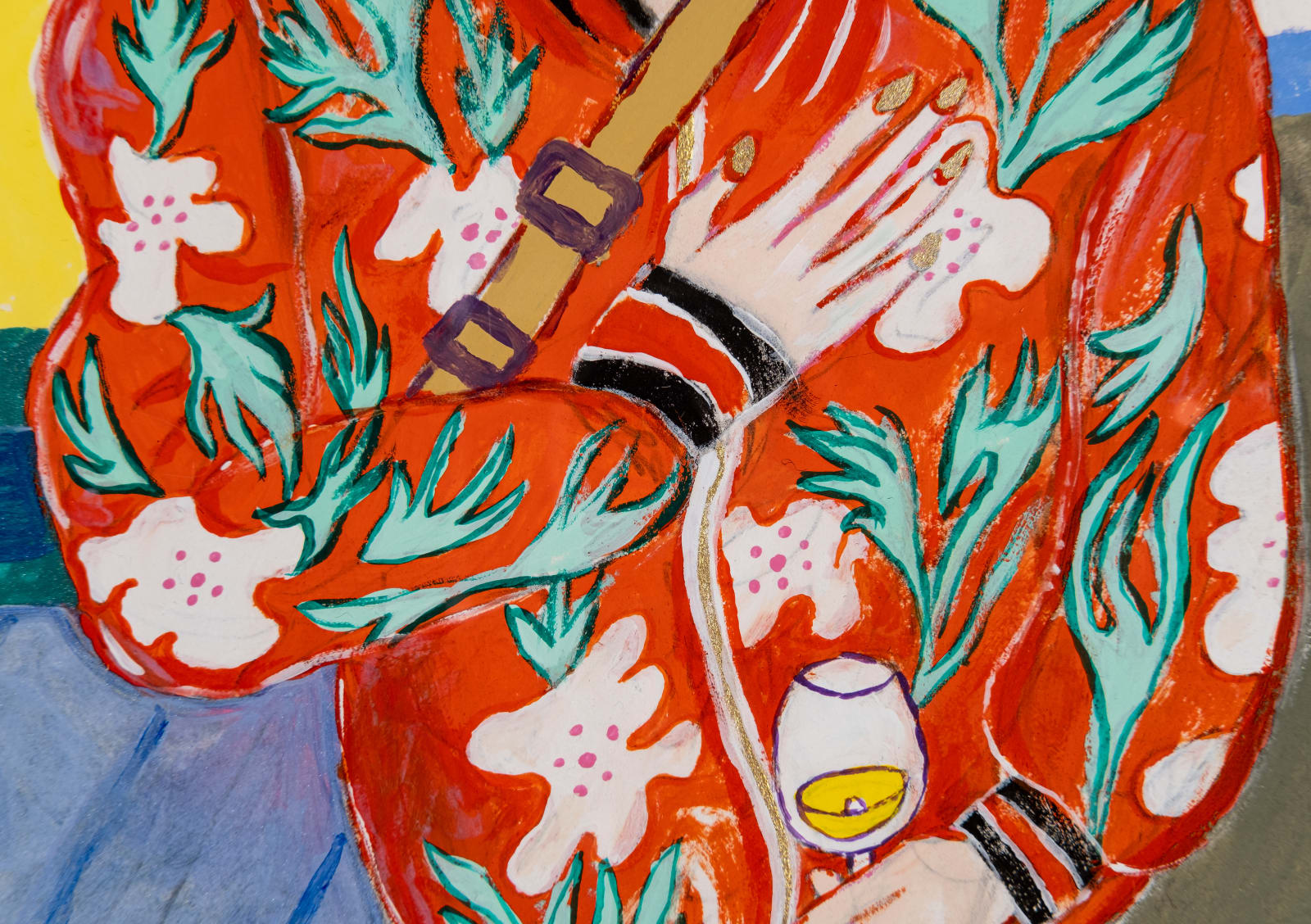 Constance Tenvik, Fiona with her hand on her heart and a cold glass of pouilly fumé by the thundering camping wagon of Werner, 2019