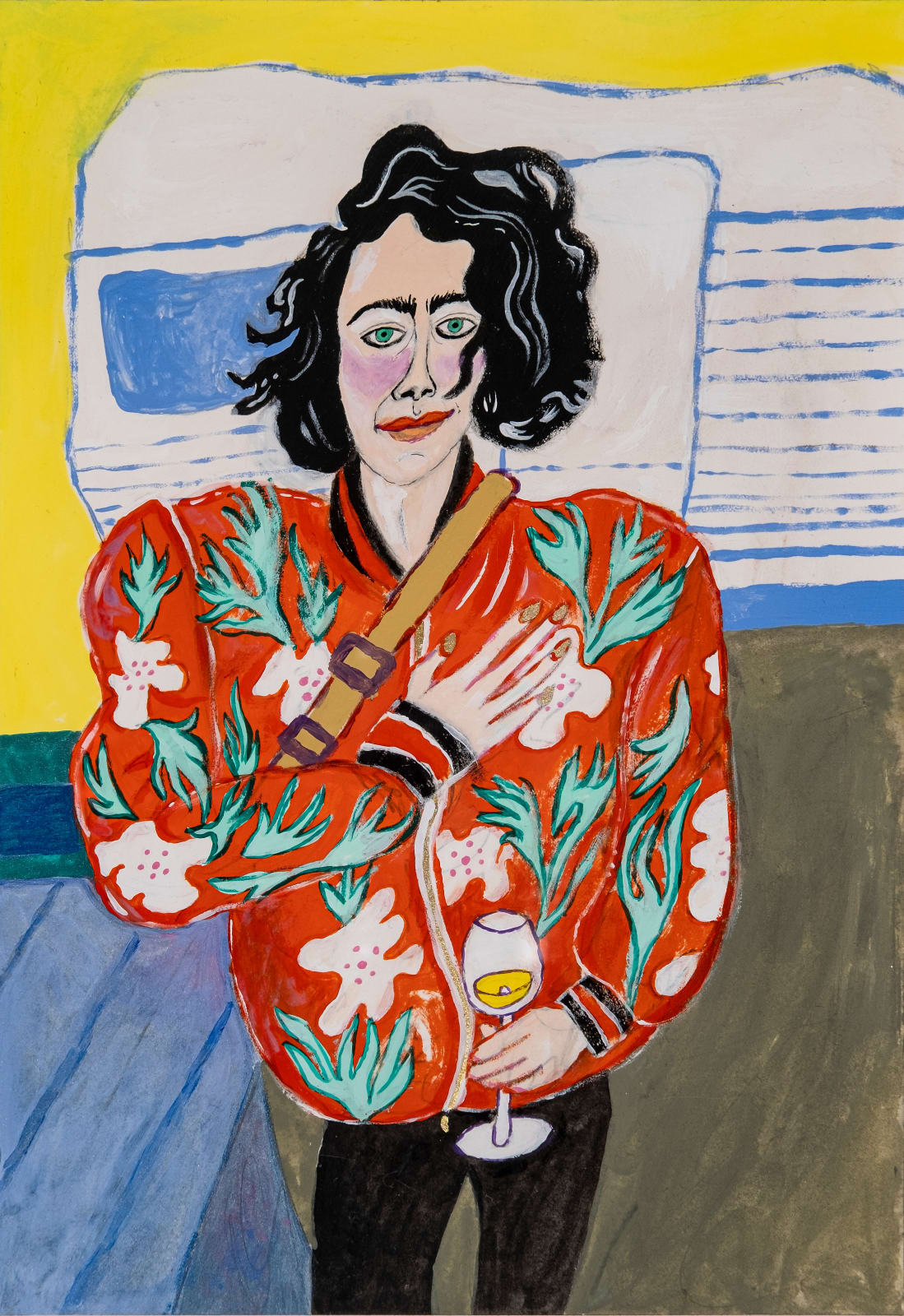 Constance Tenvik, Fiona with her hand on her heart and a cold glass of pouilly fumé by the thundering camping wagon of Werner, 2019