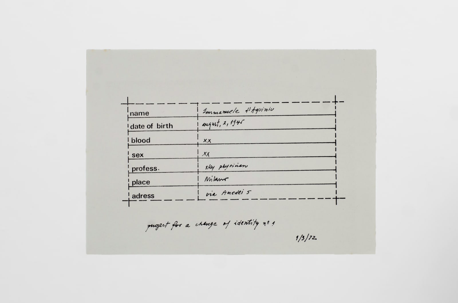 Angelo de Aquino, Project for a change of identity n, 1972