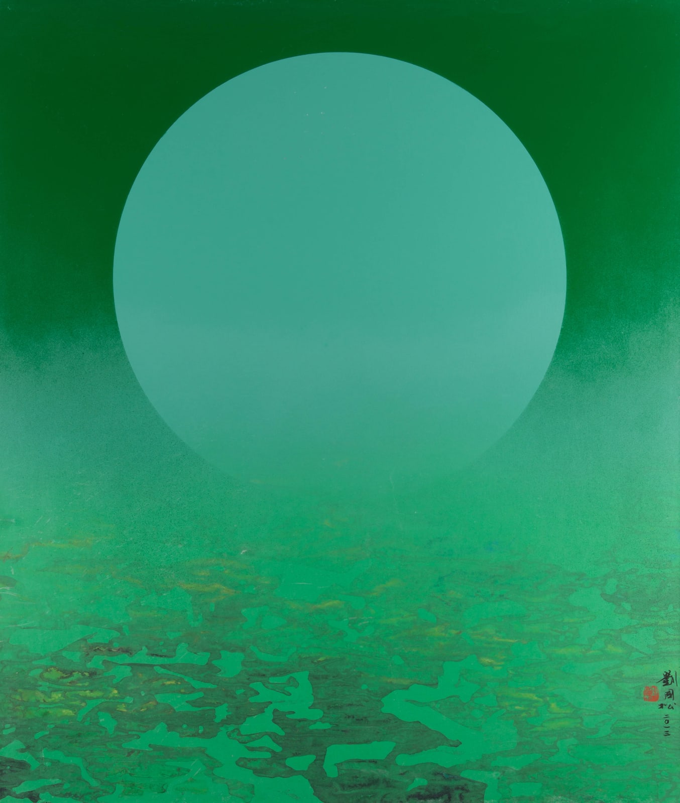 Liu Kuo-Sung 劉國松, Bluish Moon Rising From Five Flower Pond 翠綠的月亮升自五花海, 2013
