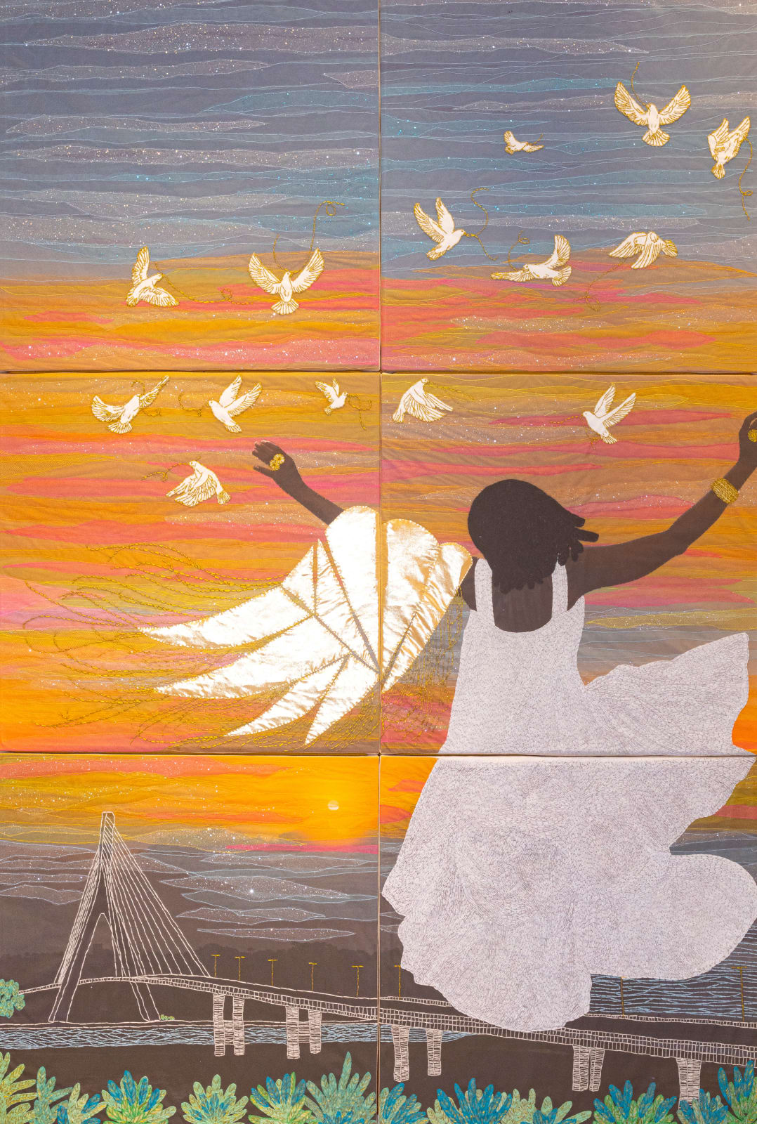 Joana Choumali, The Wind ounds Like Peace, 2025. Girl on the bridge of Abidjan with birds flying around her