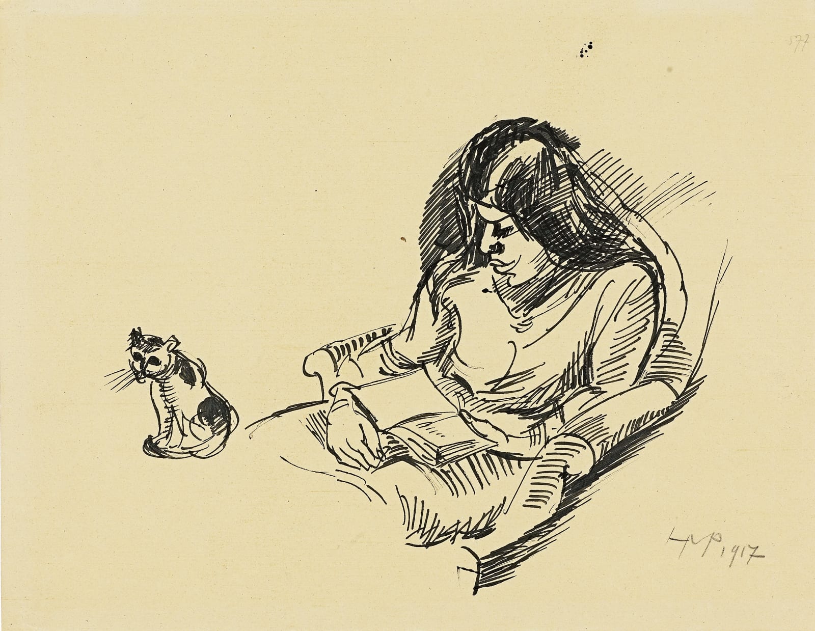 Hermann Max Pechstein, Lesende Lotte mit Katze , 1917