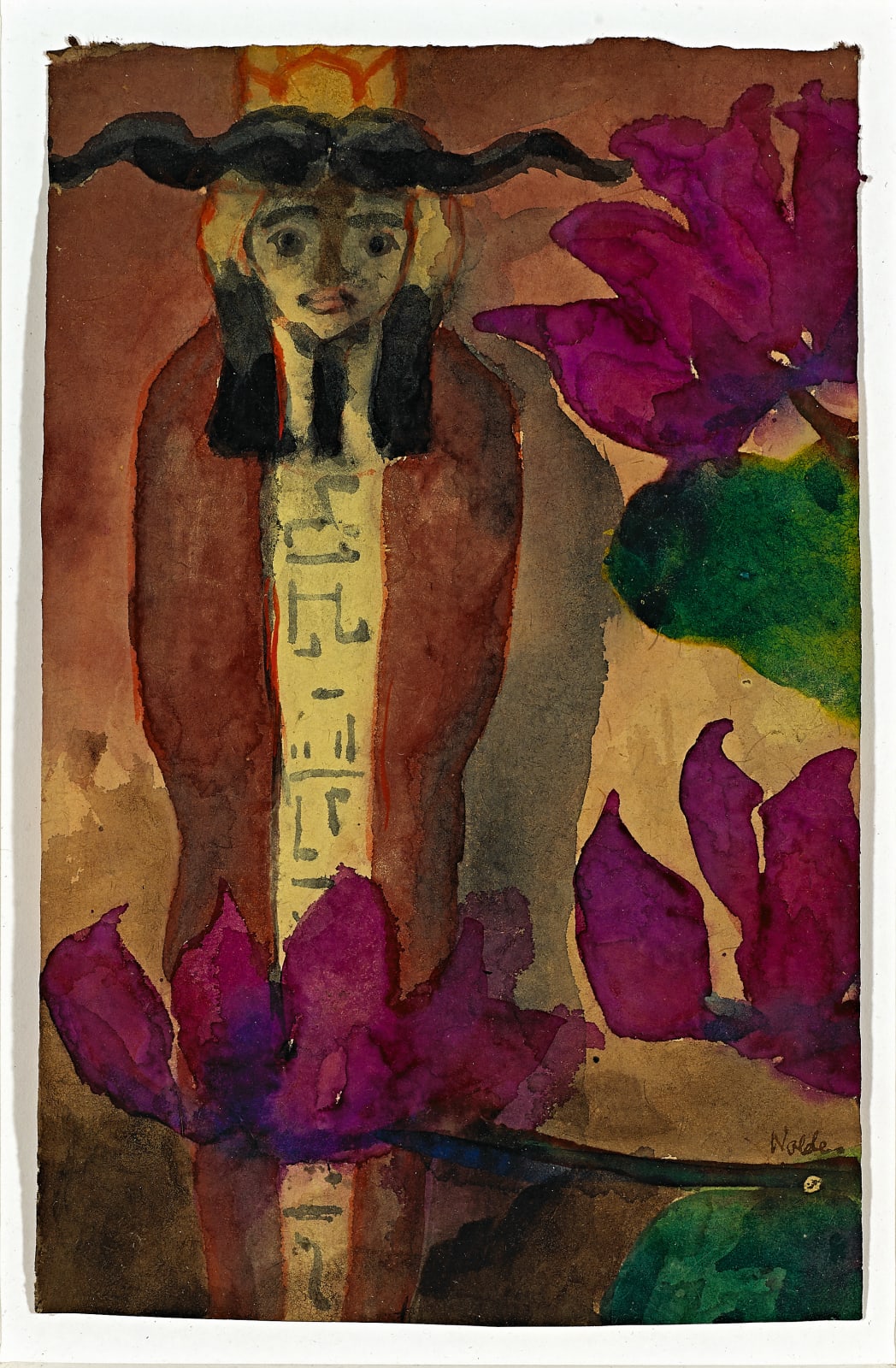 Emil Nolde, Ägyptische Figur mit rotvioletten Blüten, 1911-12