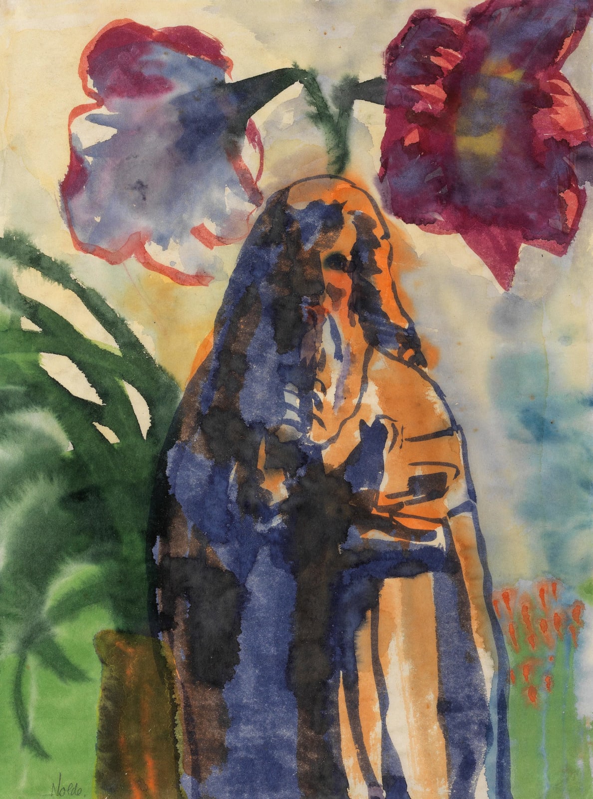 Emil Nolde, Amaryllisblüten mit Heiligenfigur, Um 1925