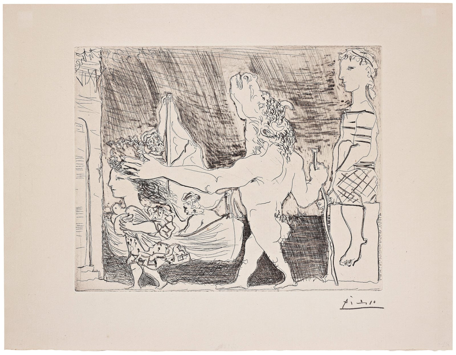 Pablo Picasso, Minotaure aveugle guidé dans la nuit par une petite fille au pigeon , 1934