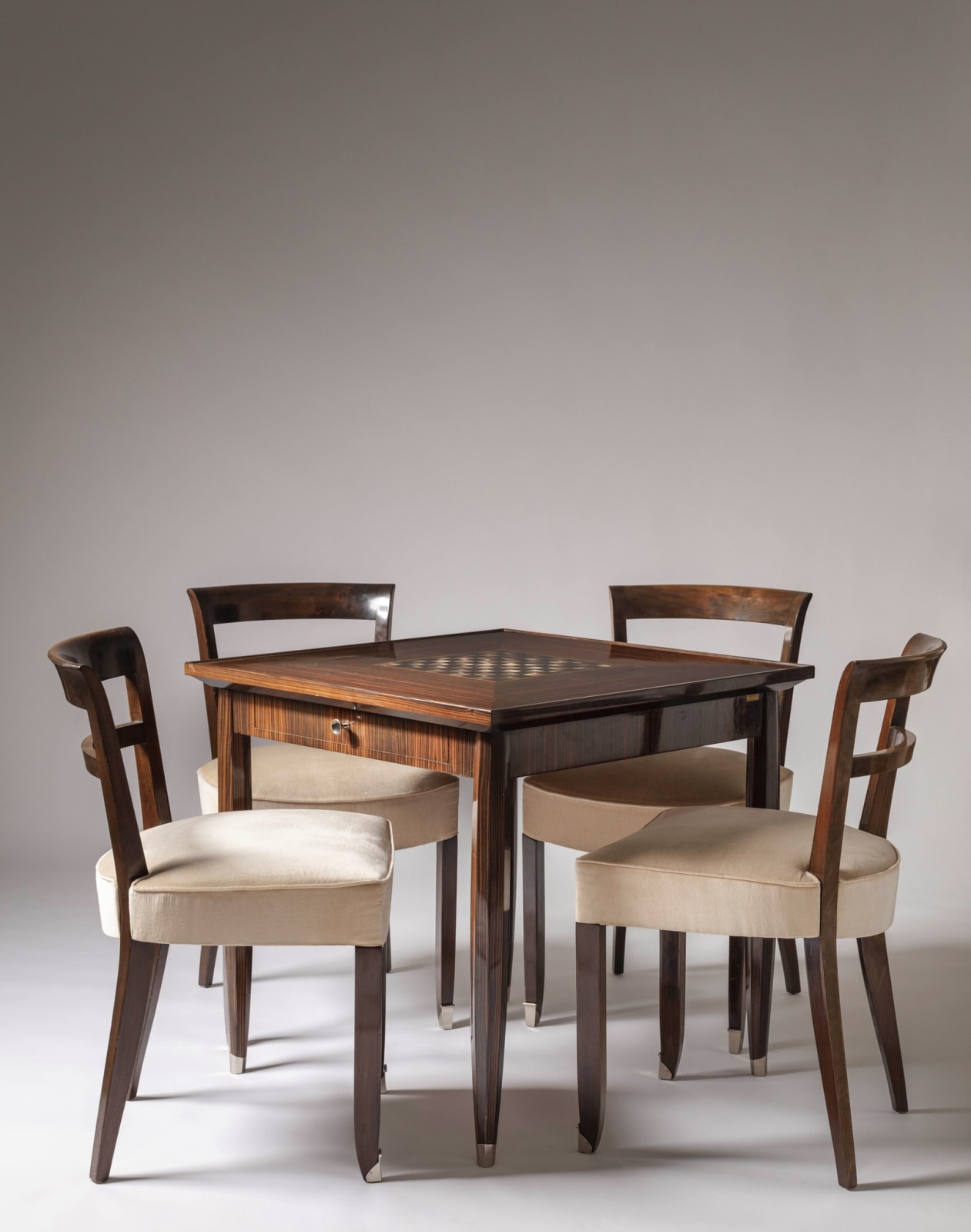 JULES LELEU, GAME TABLES AND CHAIRS SET, c. 1940
