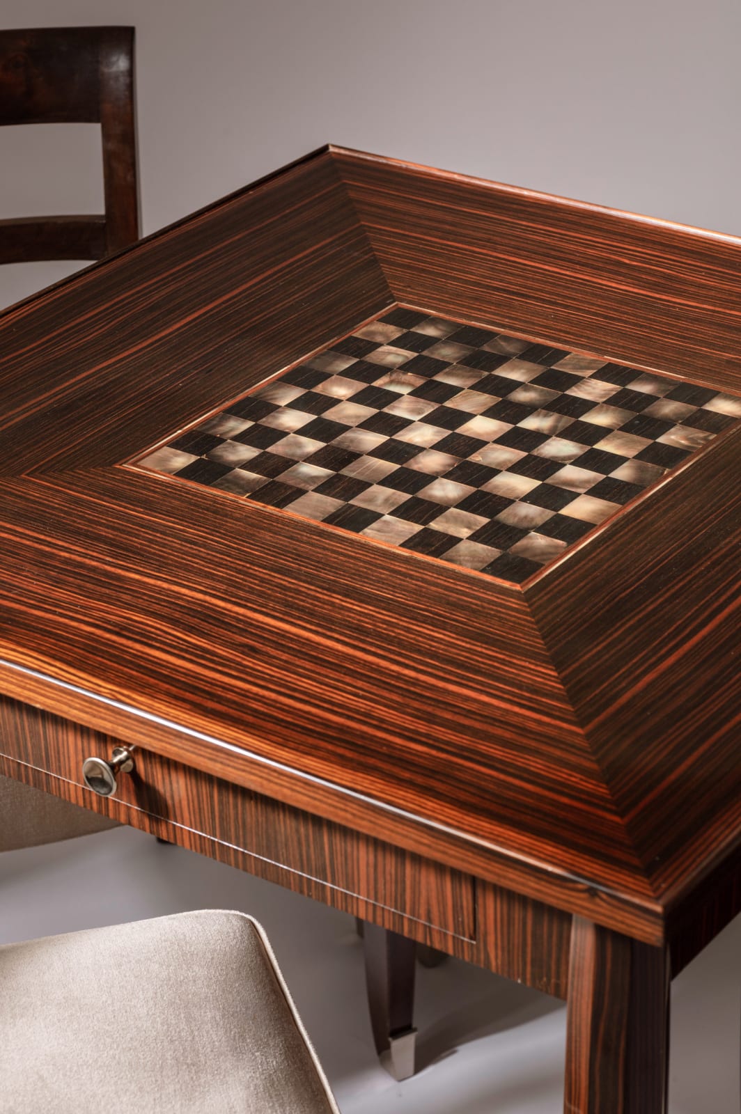 JULES LELEU, GAME TABLES AND CHAIRS SET, c. 1940