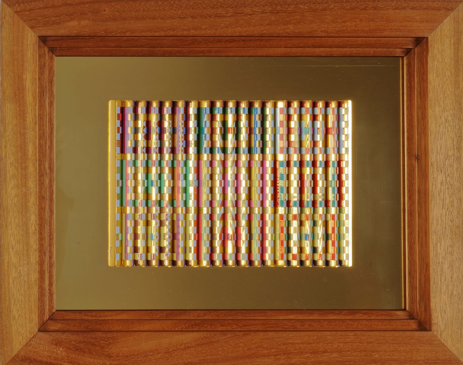 Yaacov Agam, Blue line form reflecting and golden space, 1988