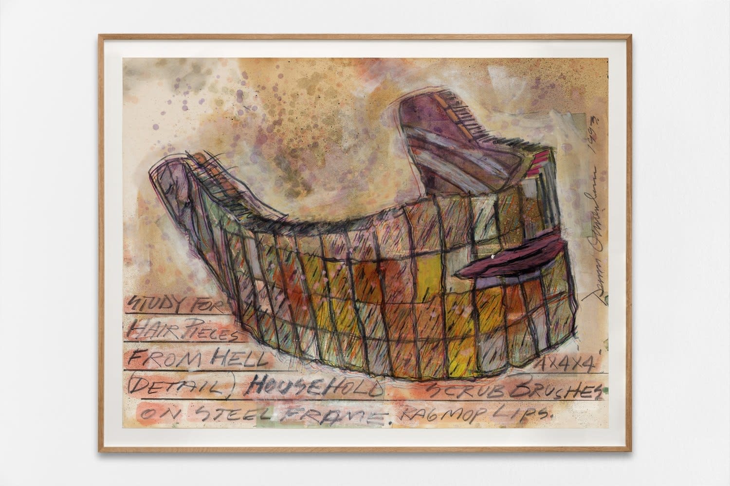 Dennis Oppenheim Estate, Study for hair pieces from Hell. Detail: Household scrub brushes on steel frame rag mop lips, 1993