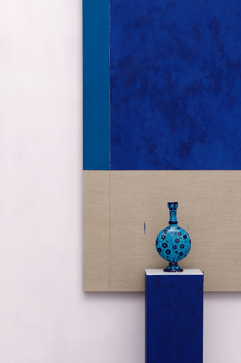 Kamrooz Aram, Composition with lapis lazuli, cobalt and ceramic bottle, 2021