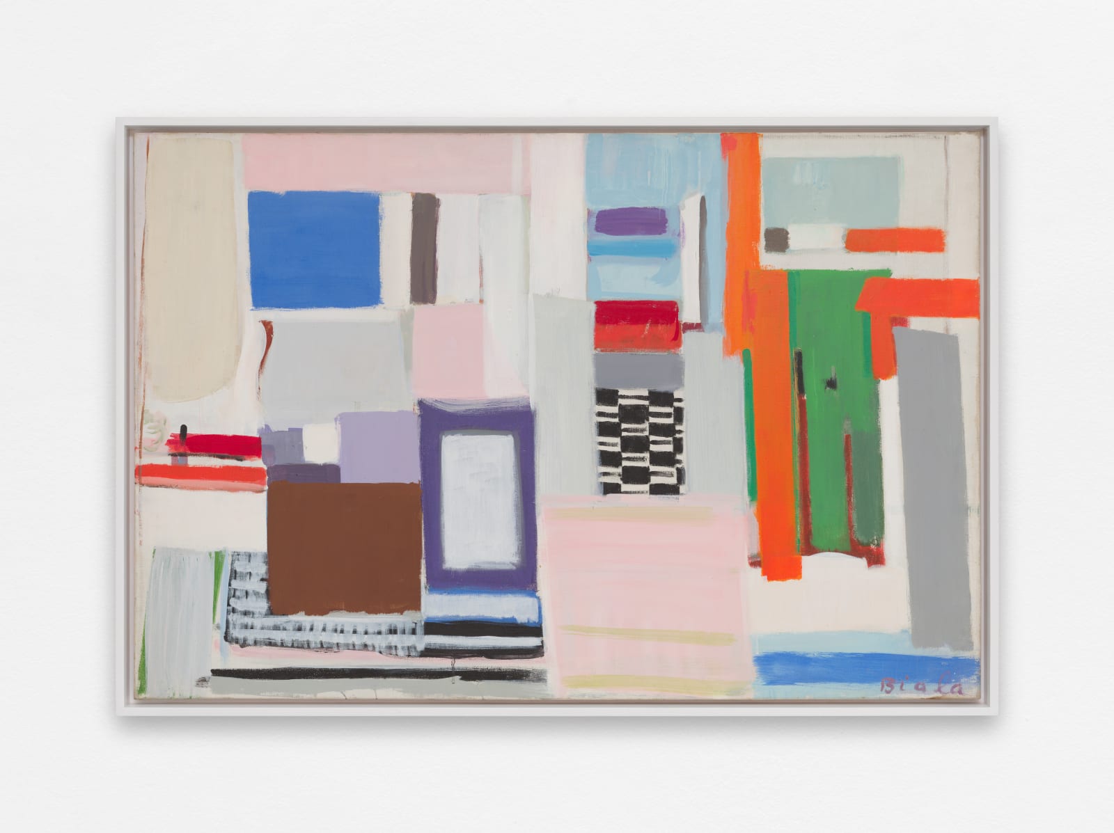 JANICE BIALA, Intérieur (Abstrait : rose, violet, bleus, bandes oranges), 1970