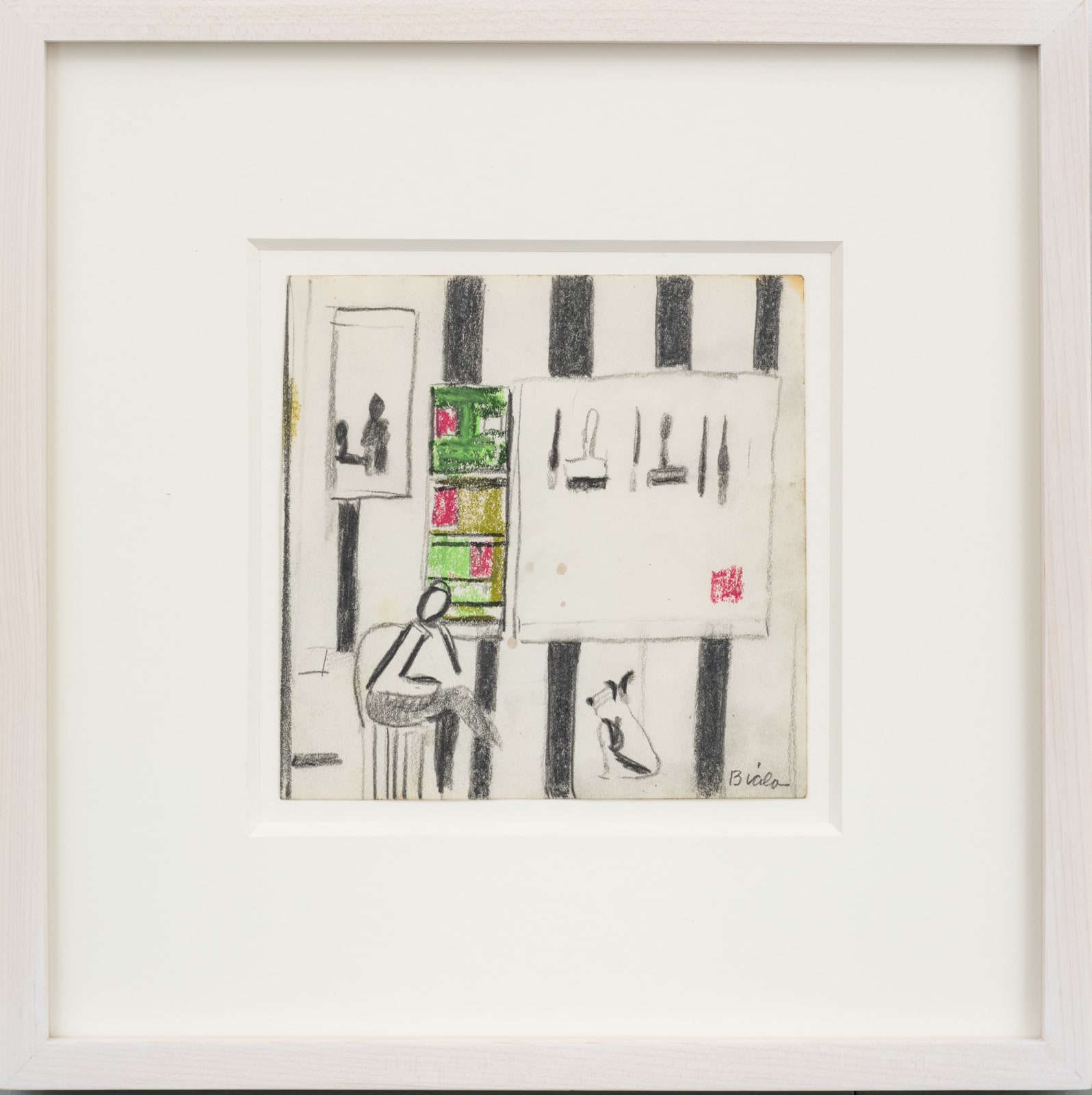 JANICE BIALA, Untitled (Striped Interior with Man and Dog), c. 1975