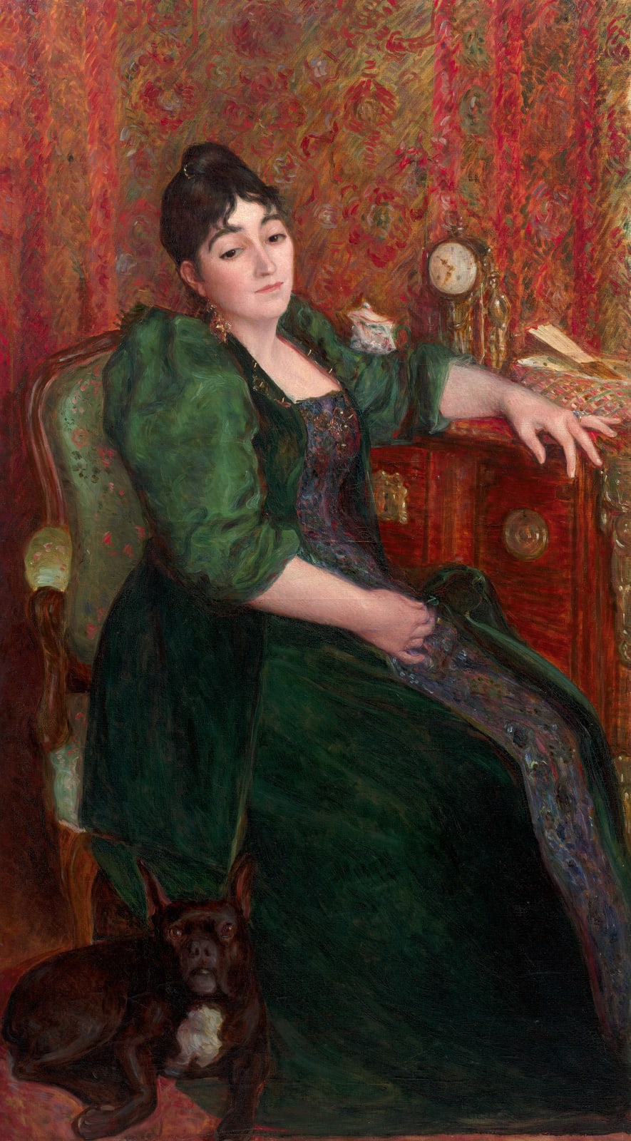 MARIE BRACQUEMOND, Autoportrait de l'artiste dans un fauteuil en compagnie de Bob son bouledogue français, 1892