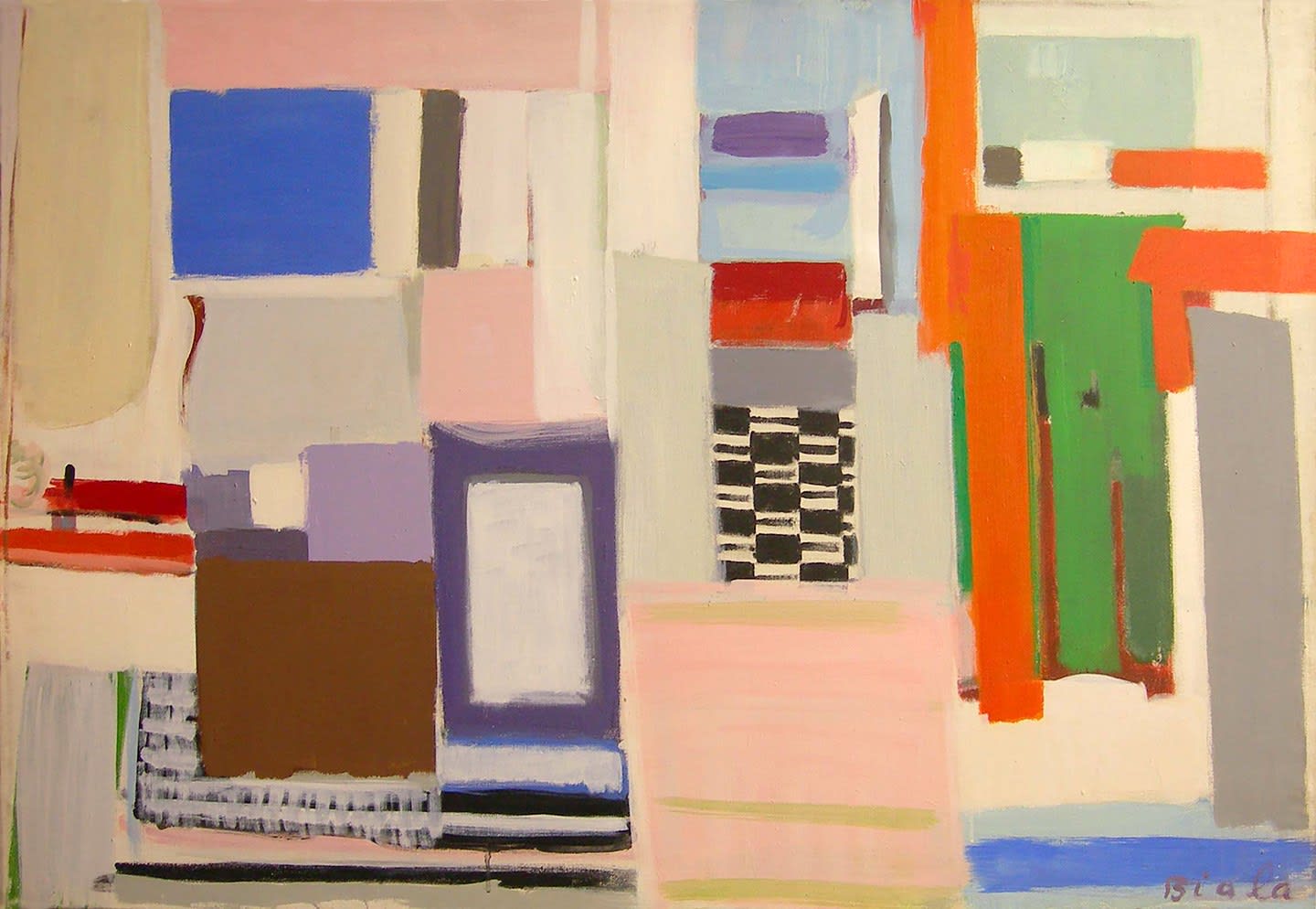 JANICE BIALA, Interieur (Abstrait : rose, violet, bleus, bandes oranges), 1970