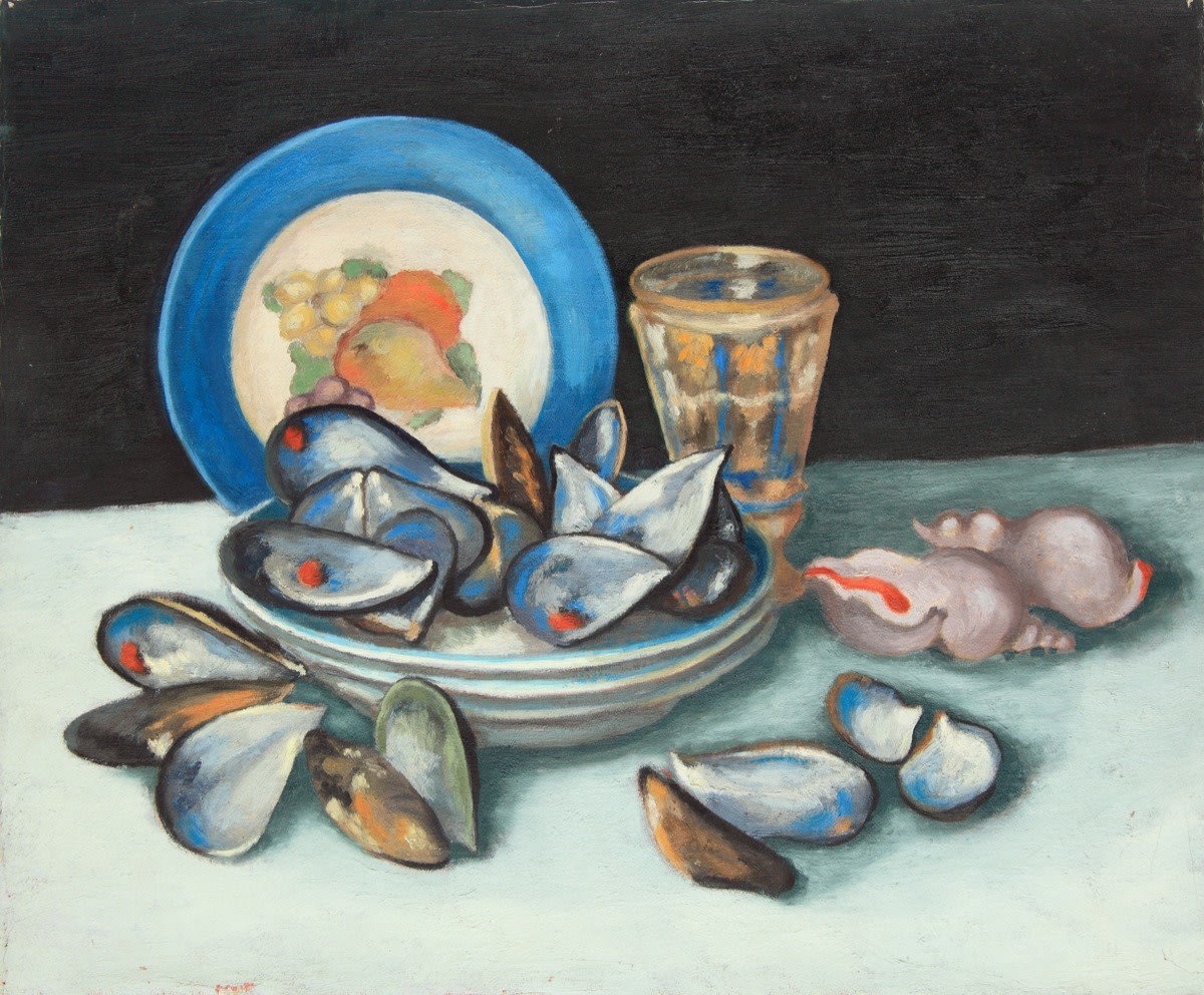 MADELEINE DINÈS, Nature morte aux moules / "Pots de cyclamens", Circa 1940