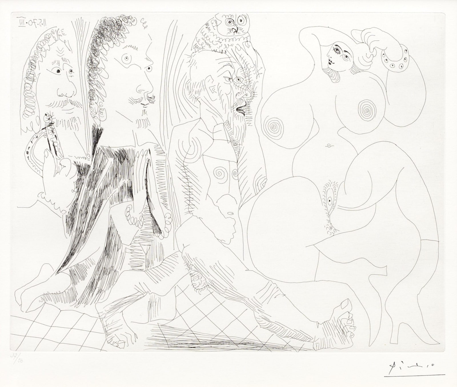 Pablo Picasso, Mousquetaire, abbé en prière, vieillard à la chouette et odalisque: Méduse, vierge ou simple femme?, 1970
