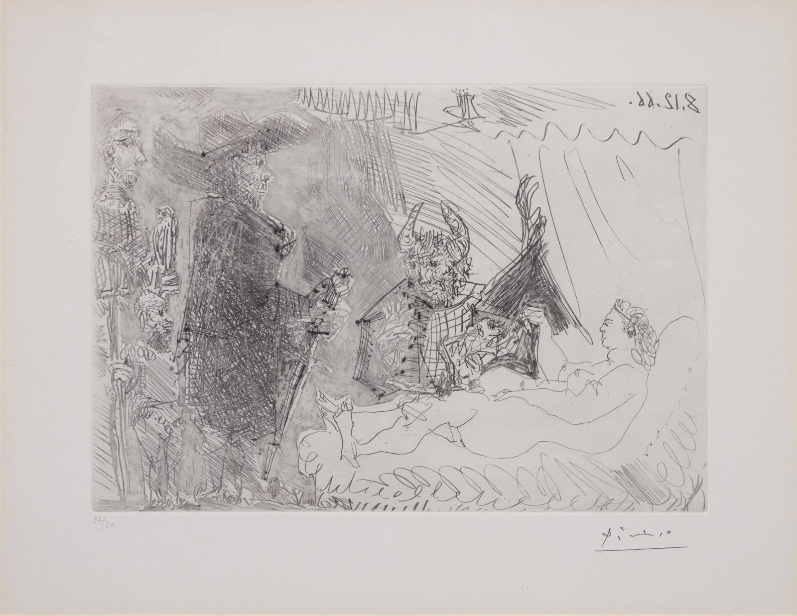 Pablo Picasso, Le Cocu avec une femme nue et des voyageurs, 1966