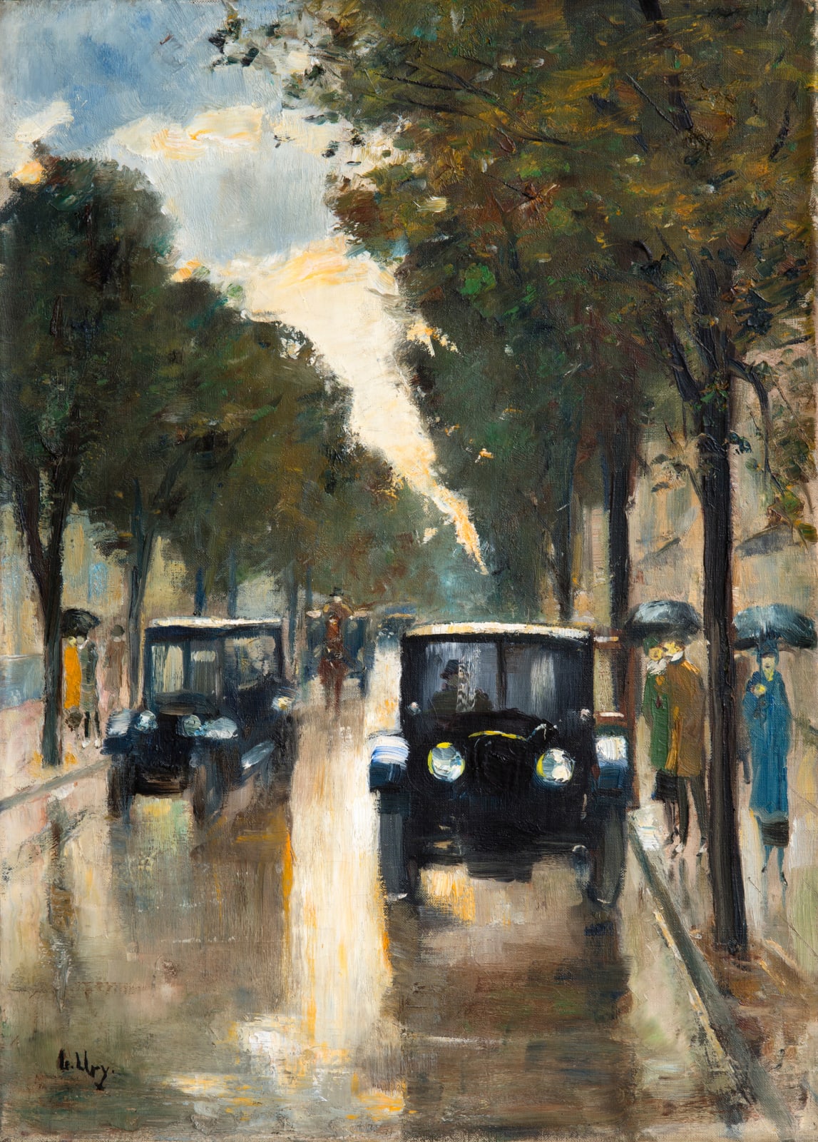 LESSER URY, Berliner Straße im Regen mit zwei Droschken, ca. 1920