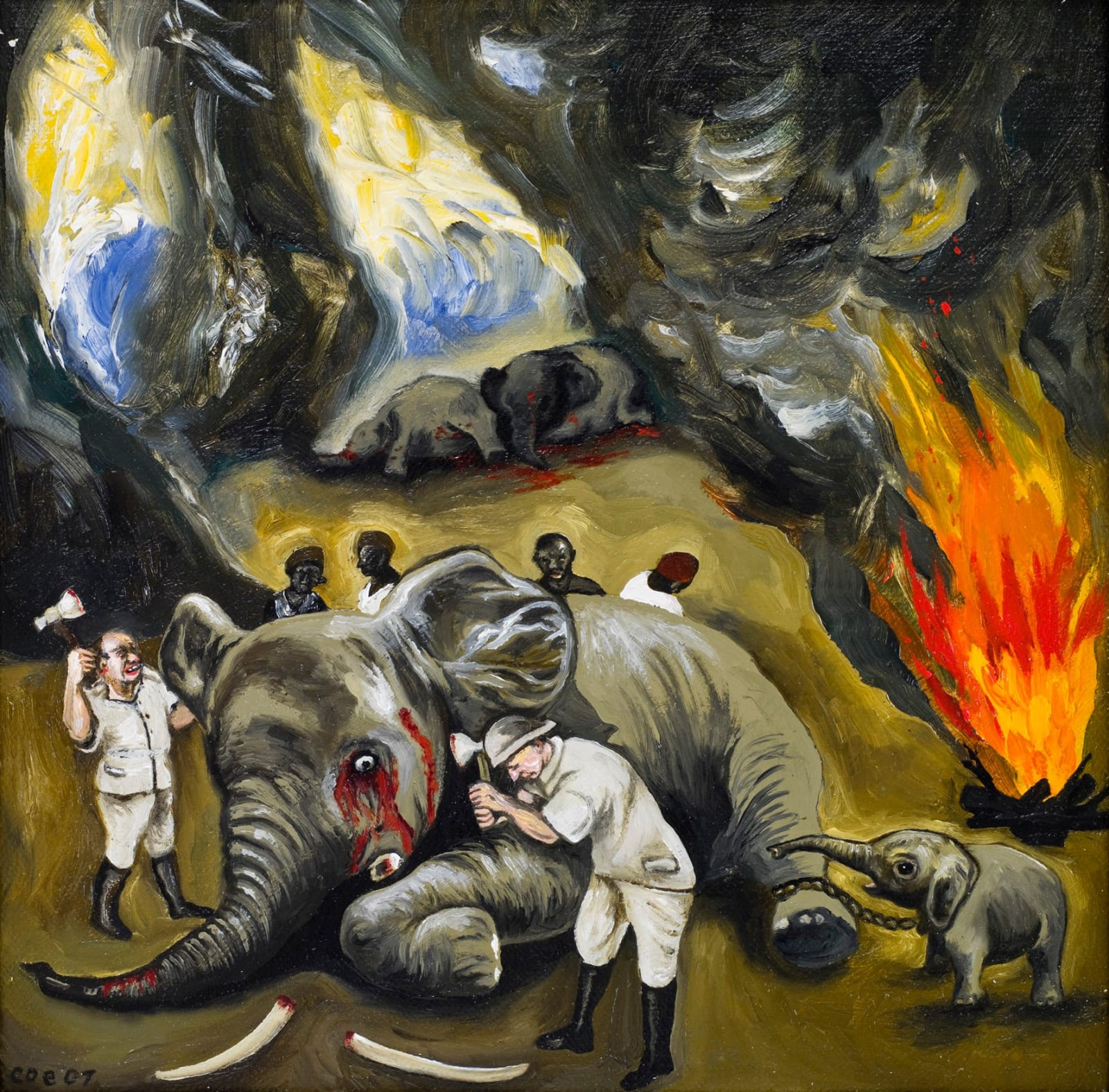 Sue Coe, Baby Elephant Tied to Dead Mother, 2007