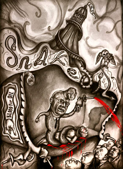 Sue Coe, Snake Oil, 2004