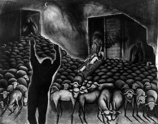 Sue Coe, Unloading at 4 a.m., 1991