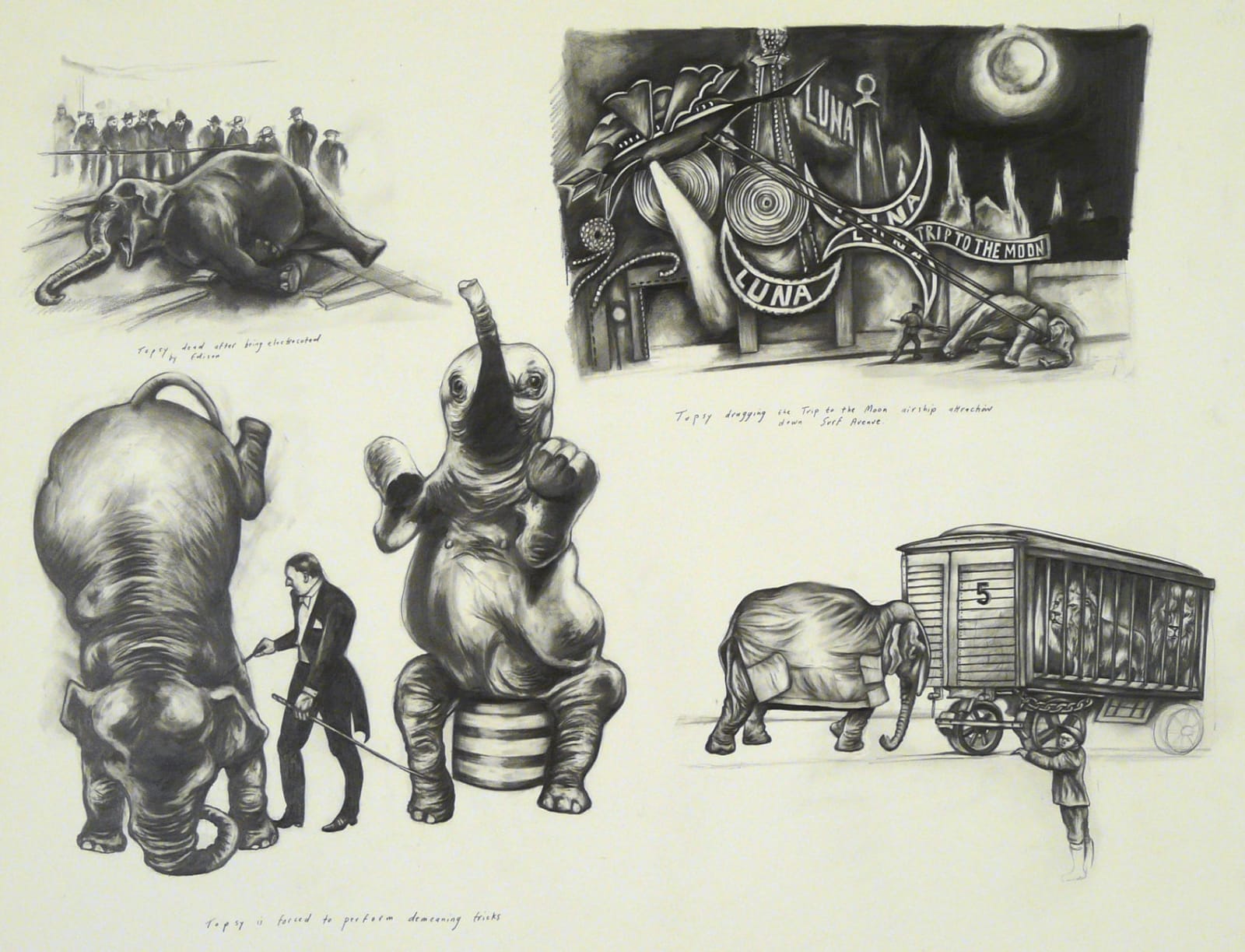 Sue Coe, Four Sketches: Dead Topsy; Airship Attraction; Topsy Forced to Perform, 2007